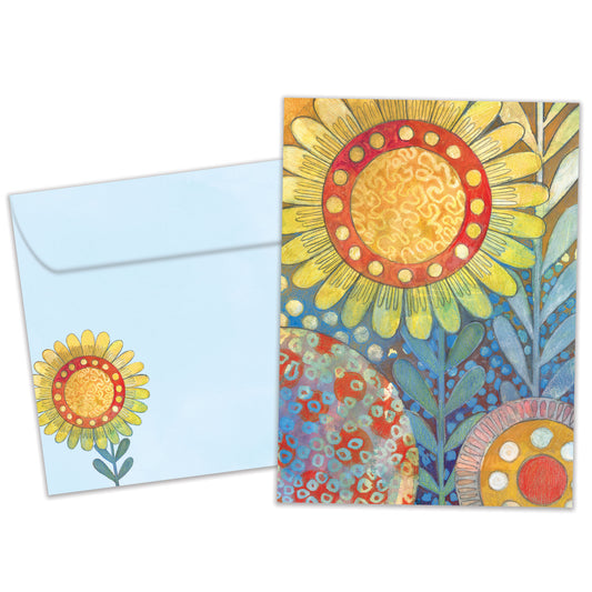 Front view of an All Occasion greeting card and matching envelope featuring a large sunflower illustration.