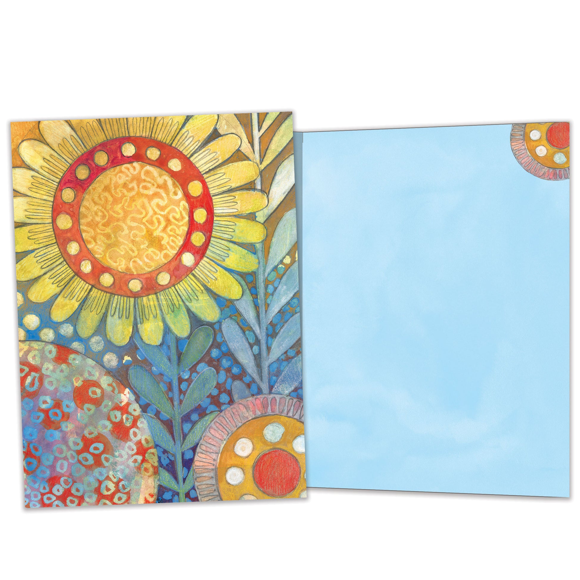 Front and inside view of an All Occasion greeting card with a large sunflower illustration, showcasing matching inside details.