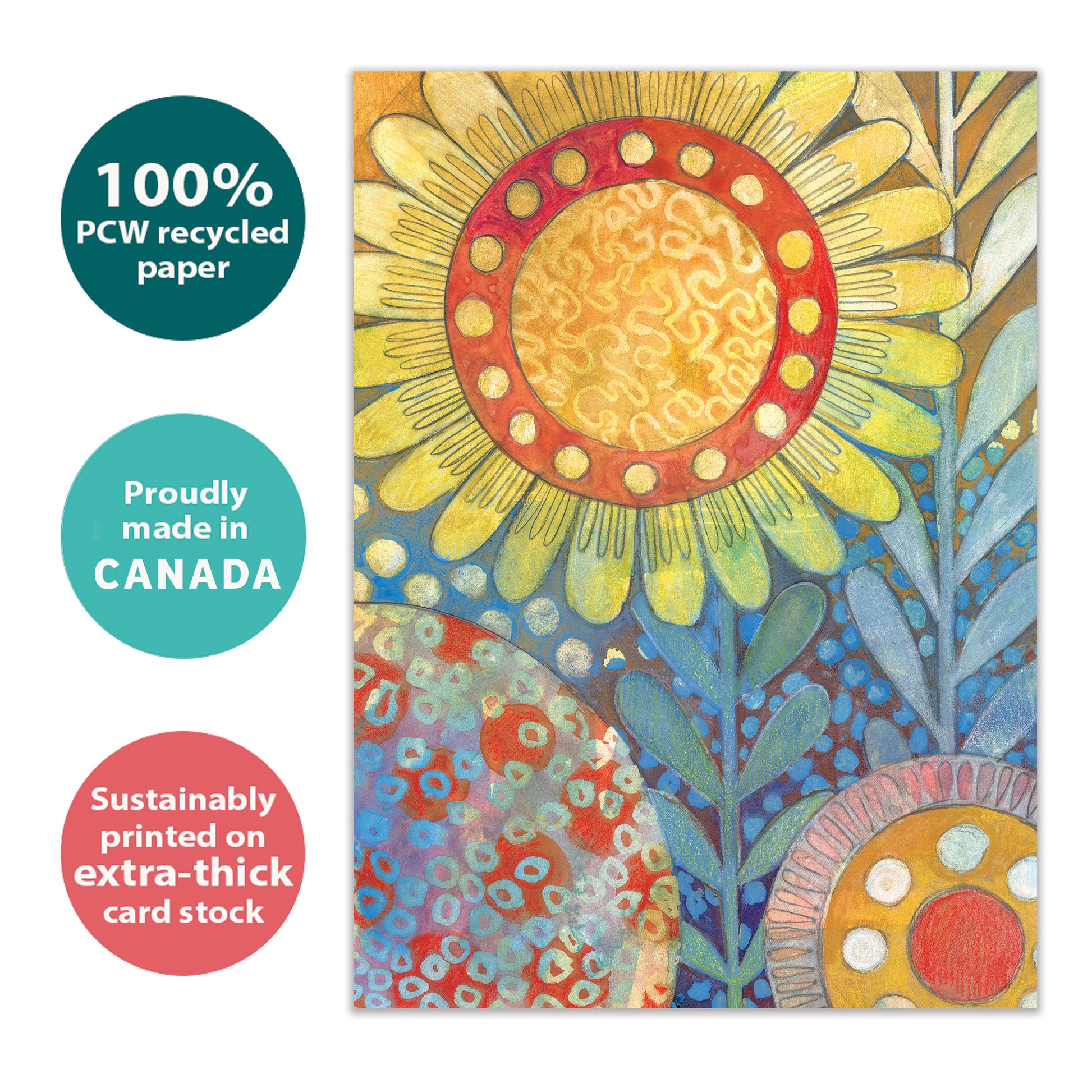 Front view of an eco-friendly All Occasion greeting card with a large sunflower illustration, sustainably made in Canada.