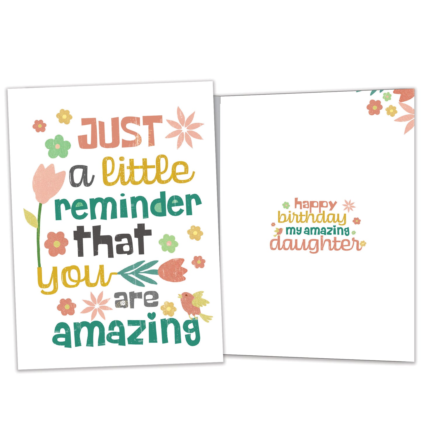 Front and inside view of a Birthday greeting card featuring a beautiful floral design with an uplifting message, with matching design details inside
