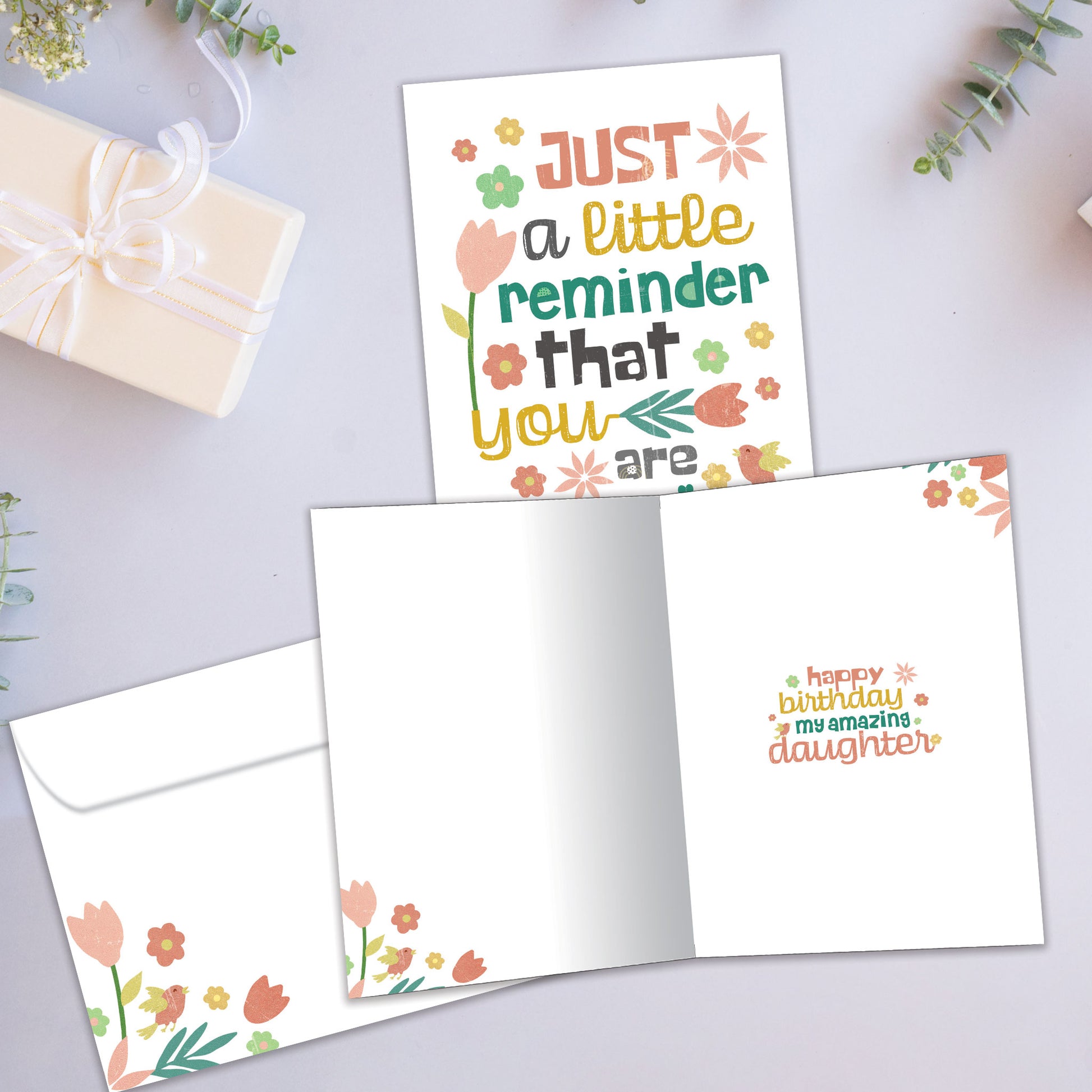 Front and inside view of a Birthday greeting card showcasing a beautiful floral design with an uplifting message, with a matching envelope