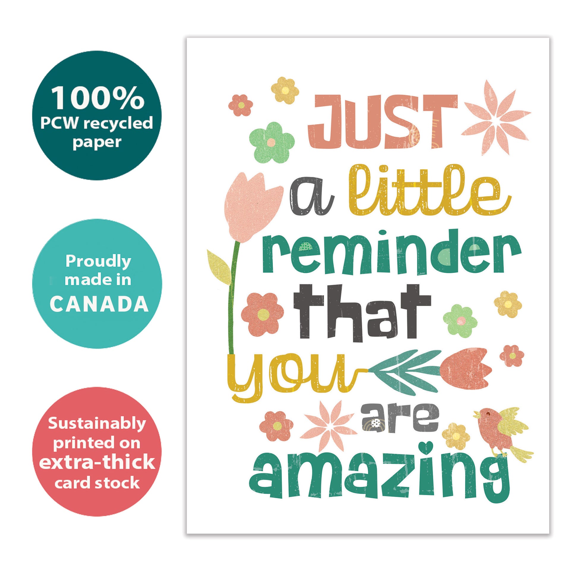 Front view of a Birthday greeting card with a beautiful floral design with an uplifting message, highlighting its eco-friendly materials and made in Canada.