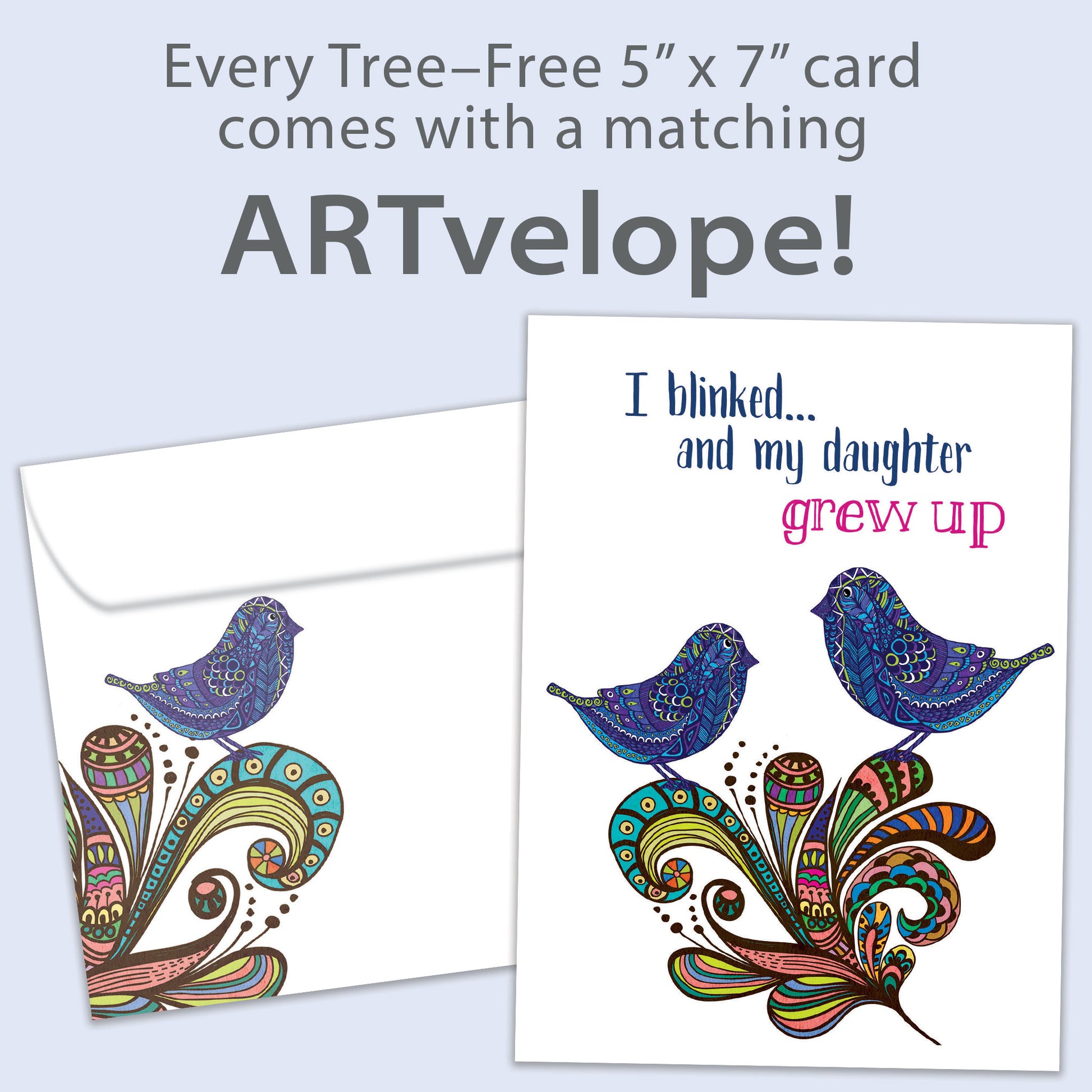 Front view of a Birthday greeting card featuring an illustration of 2 birds and a message about my daughter, with matching envelope artwork