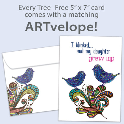 Front view of a Birthday greeting card featuring an illustration of 2 birds and a message about my daughter, with matching envelope artwork