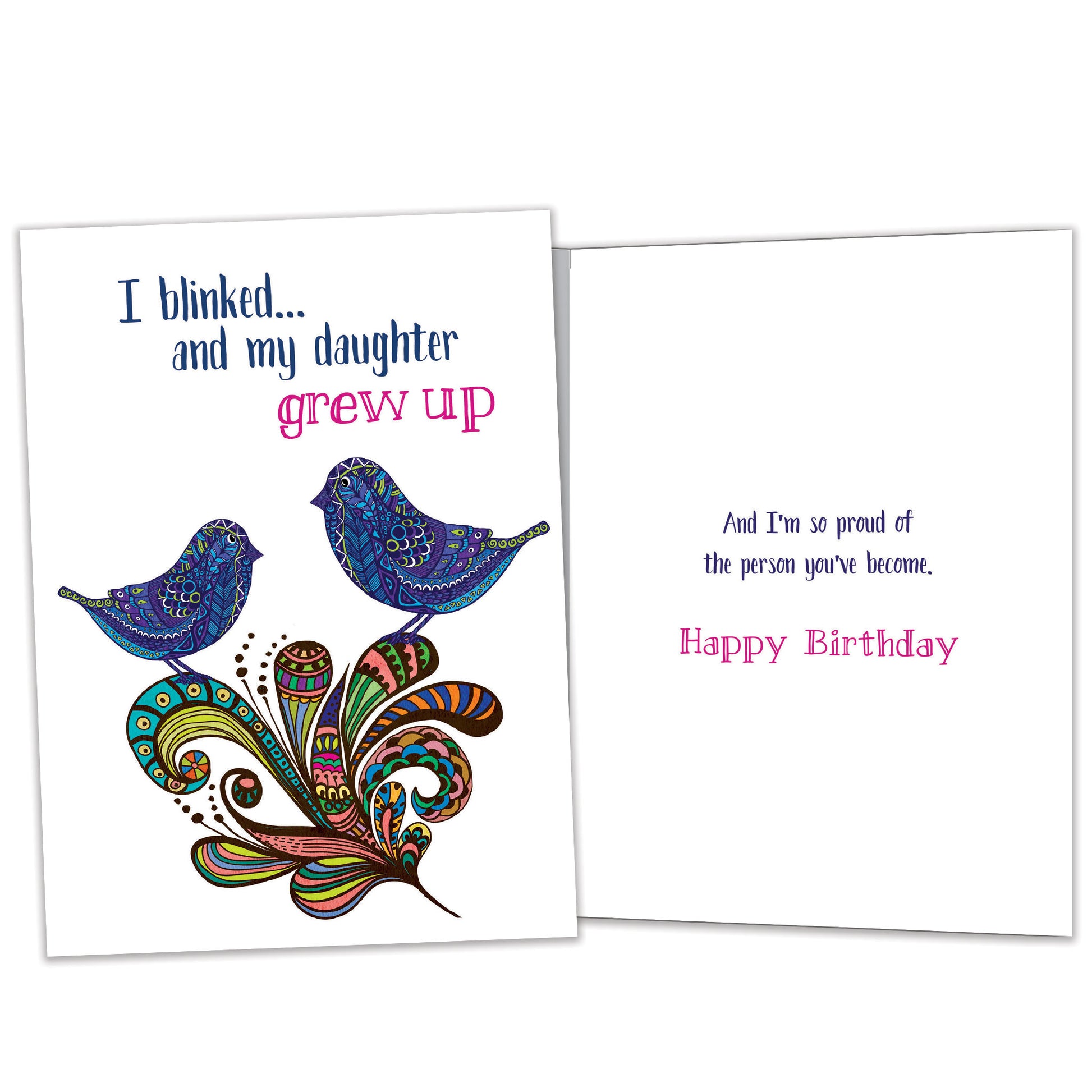 Front and inside view of a Birthday greeting card featuring an illustration of 2 birds and a message, with matching design details inside.