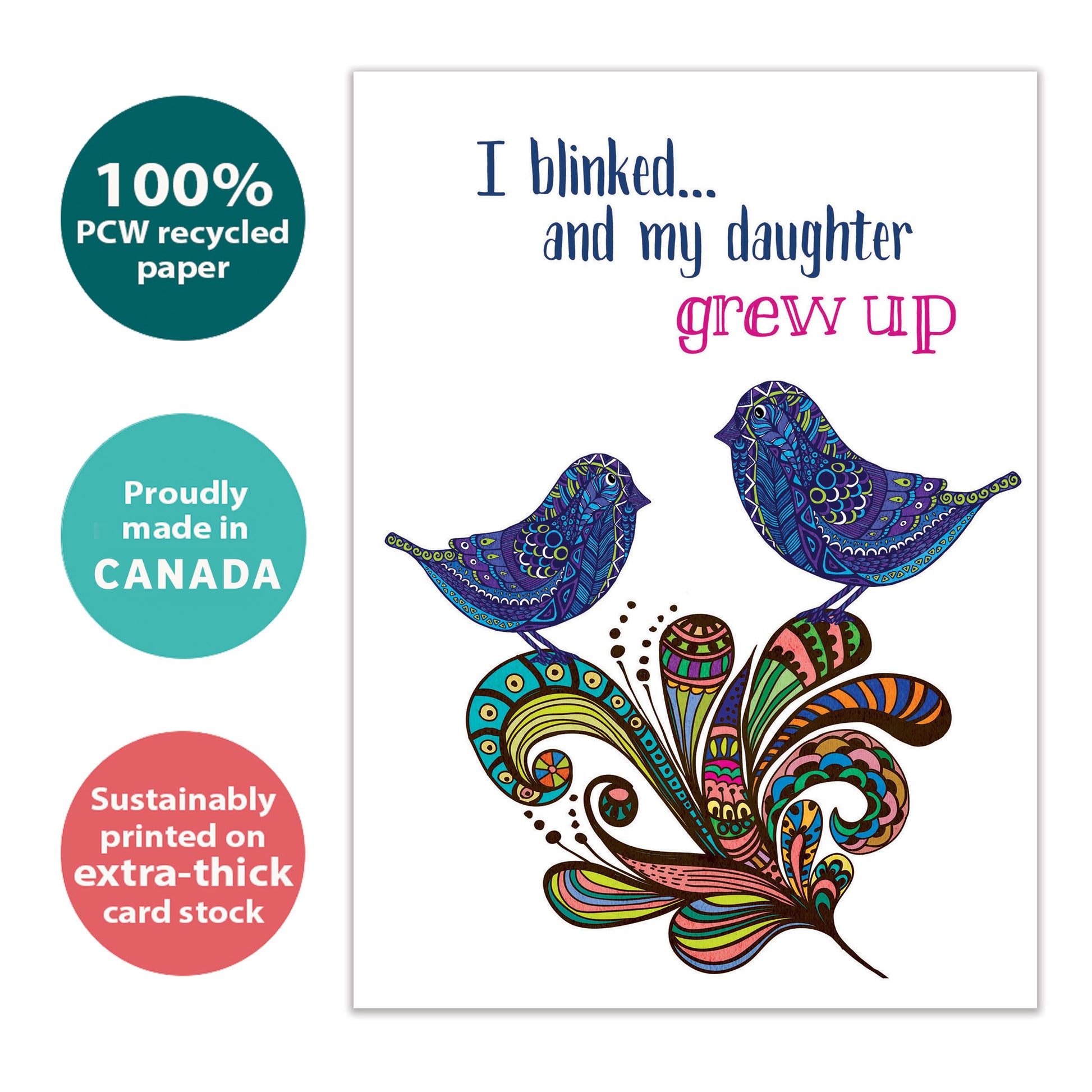 Front view of a Birthday greeting card with an illustration of 2 birds and a message, highlighting its eco-friendly materials and made in Canada