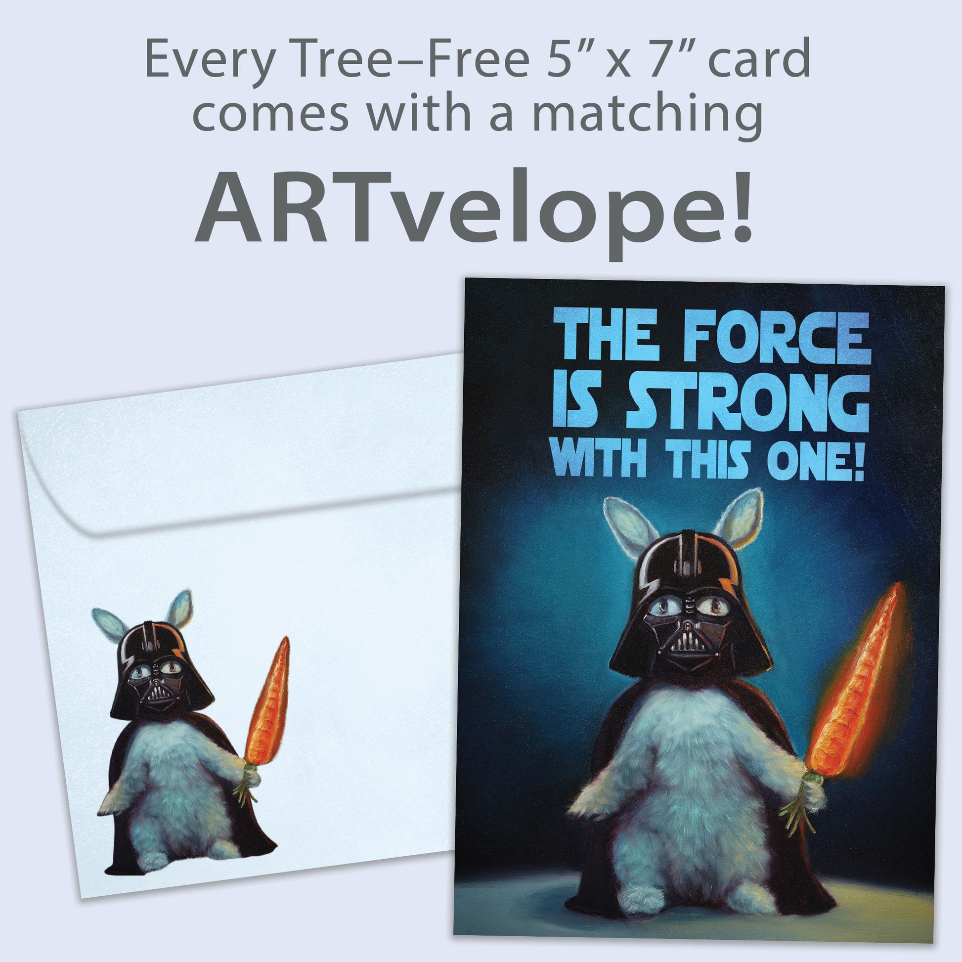 Front view of a Birthday greeting card featuring a bunny dressed up as Darth Vader and a message, with matching envelope artwork