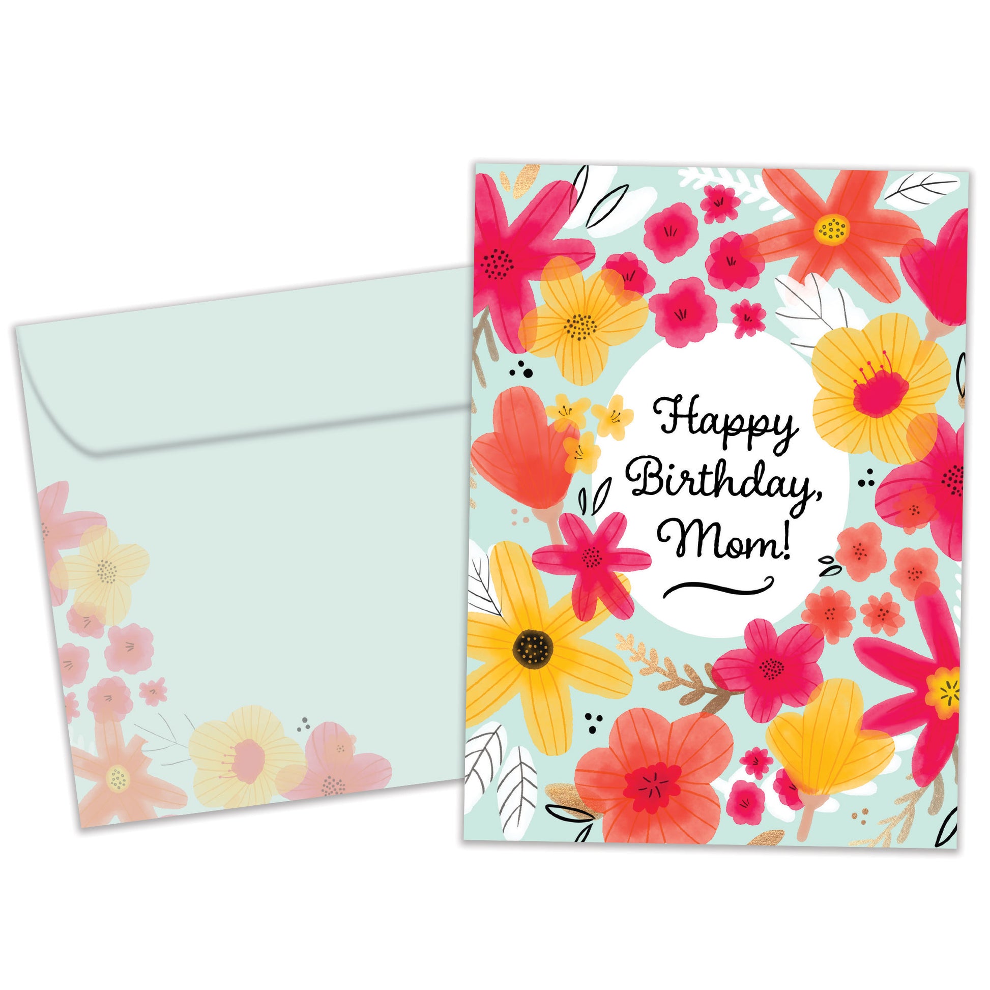 Front view of a Birthday greeting card featuring a beautiful floral design surrounding the message "Happy Birthday, Mom!", with a matching envelope. 