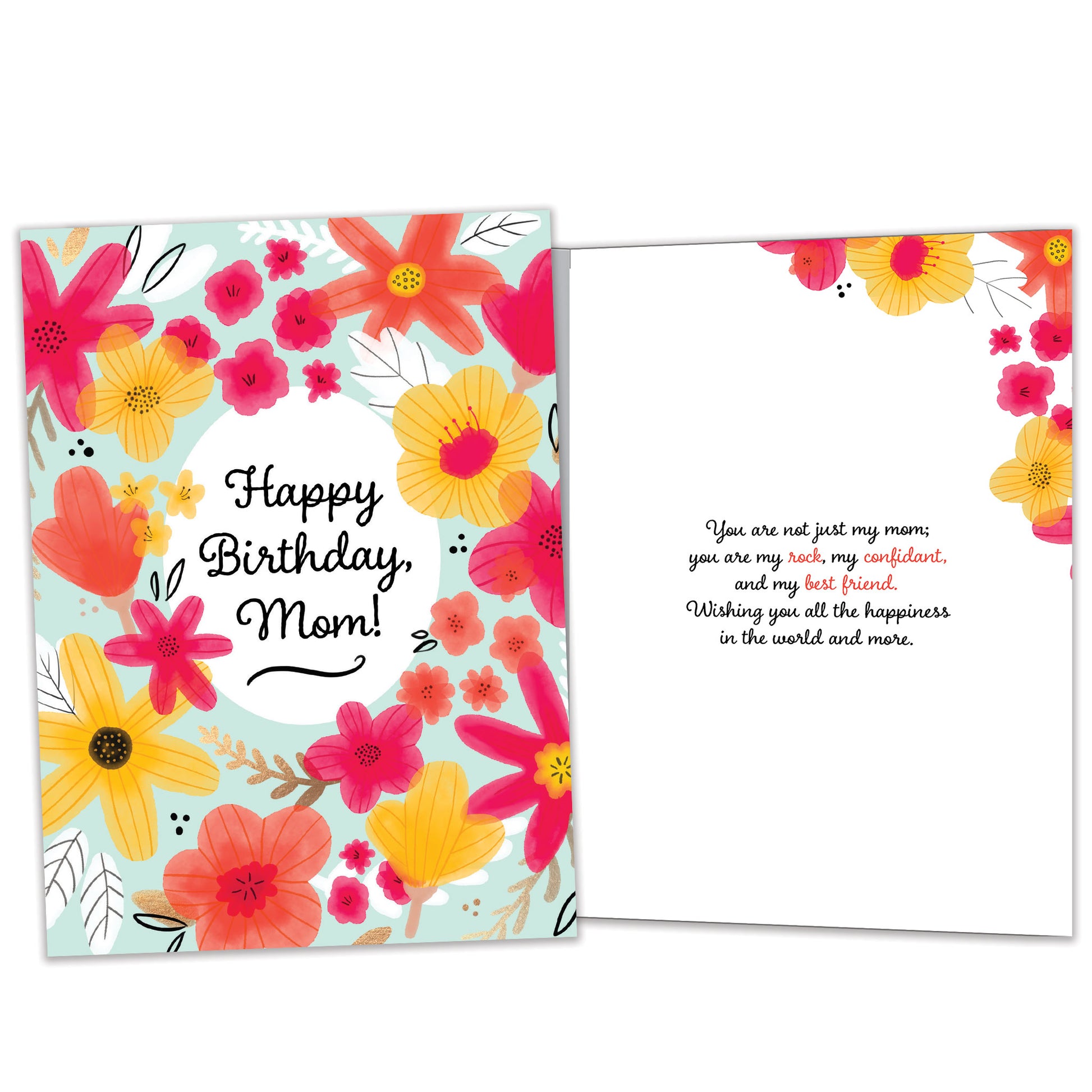 Front and inside view of a Birthday greeting card with flowers surrounding a message to mom, with matching design details inside