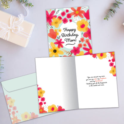 Front and inside view of a Birthday greeting card showcasing a floral design surrounding the message "Happy Birthday, Mom!", with a matching envelope