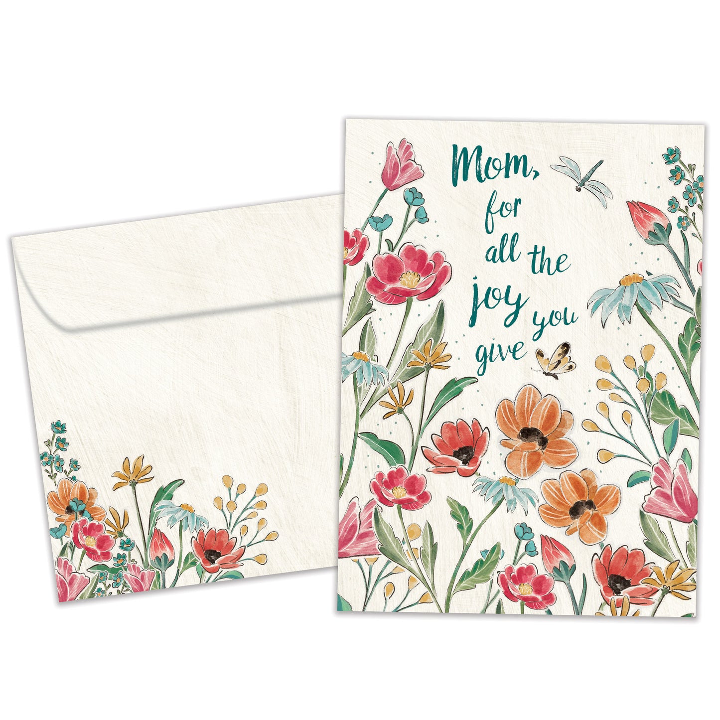 Front view of a Birthday greeting card featuring a colourful floral design with a message for mom, and a matching envelope