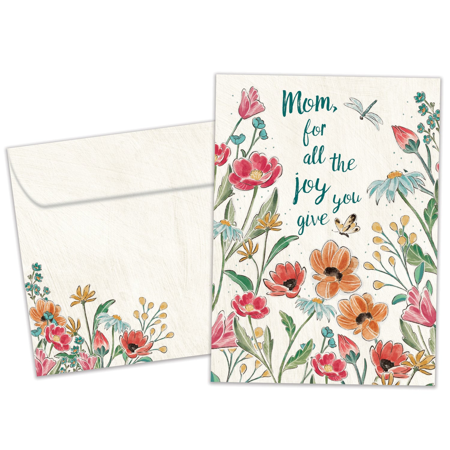 Front view of a Birthday greeting card featuring a colourful floral design with a message for mom, and a matching envelope