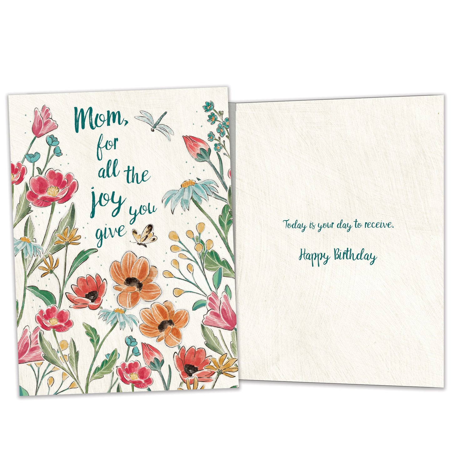 Front and inside view of a Birthday greeting card featuring a colourful floral design with a message for mom, with matching design details inside
