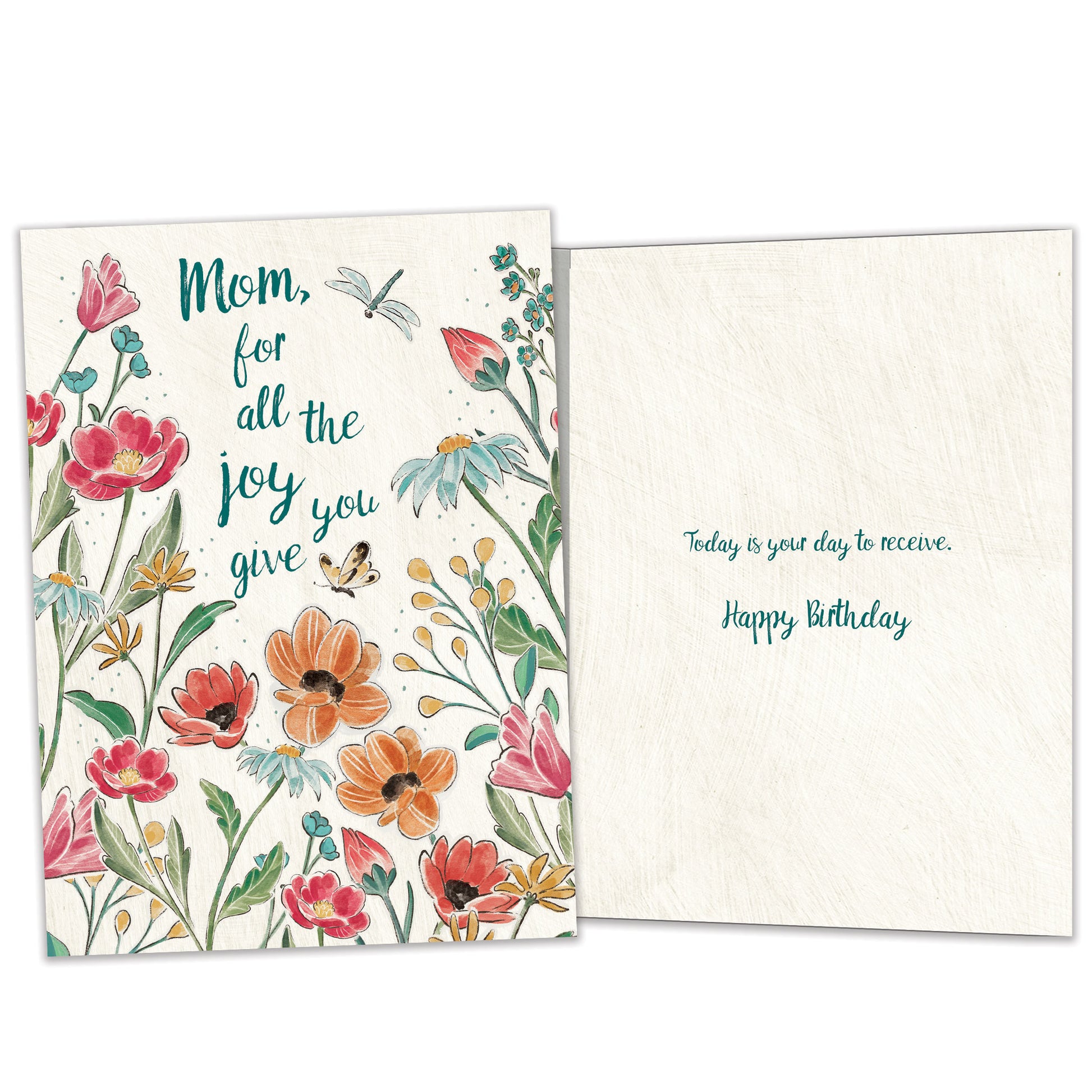 Front and inside view of a Birthday greeting card featuring a colourful floral design with a message for mom, with matching design details inside