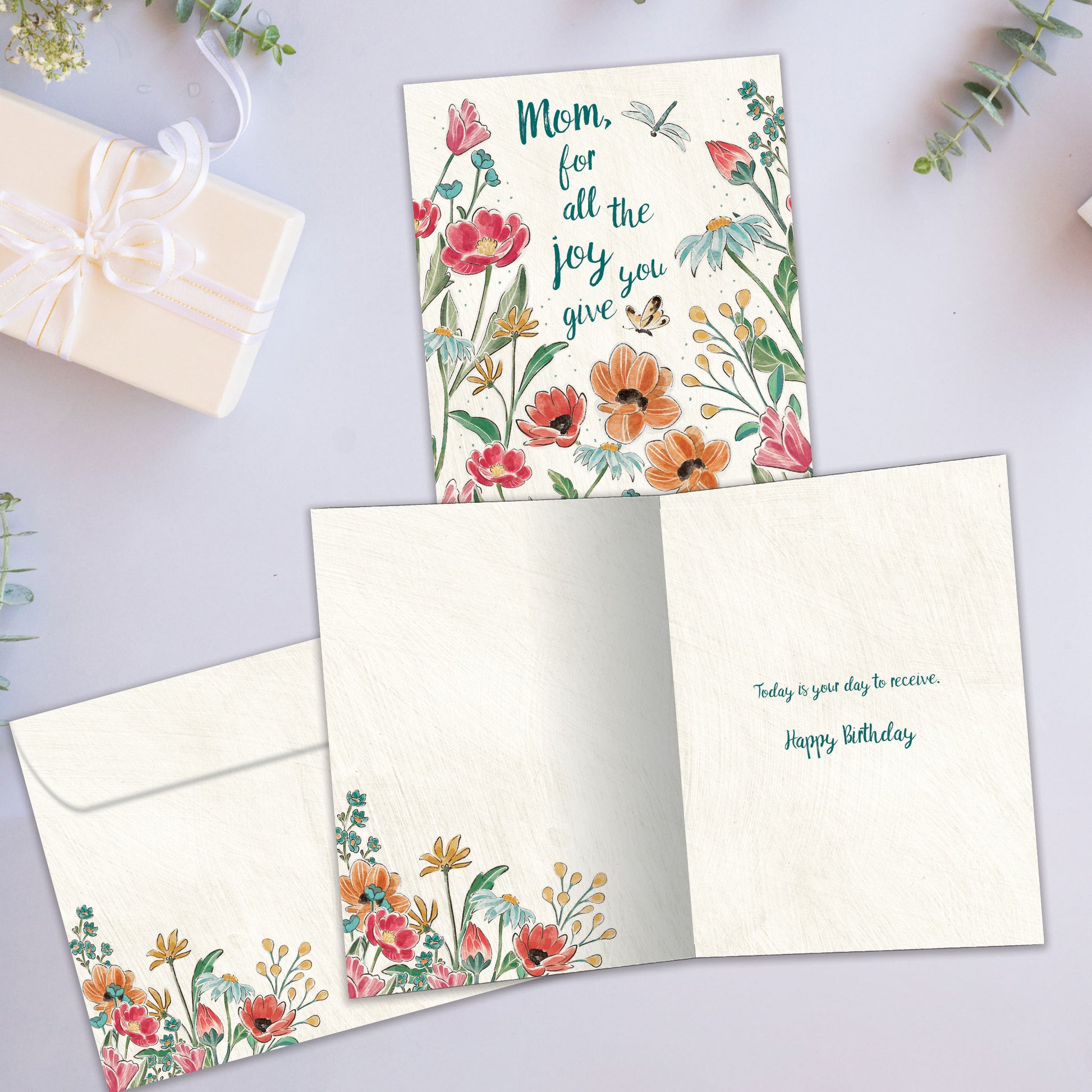 Front and inside view of a Birthday greeting card showcasing a colourful floral design with a message for mom, with a matching envelope.