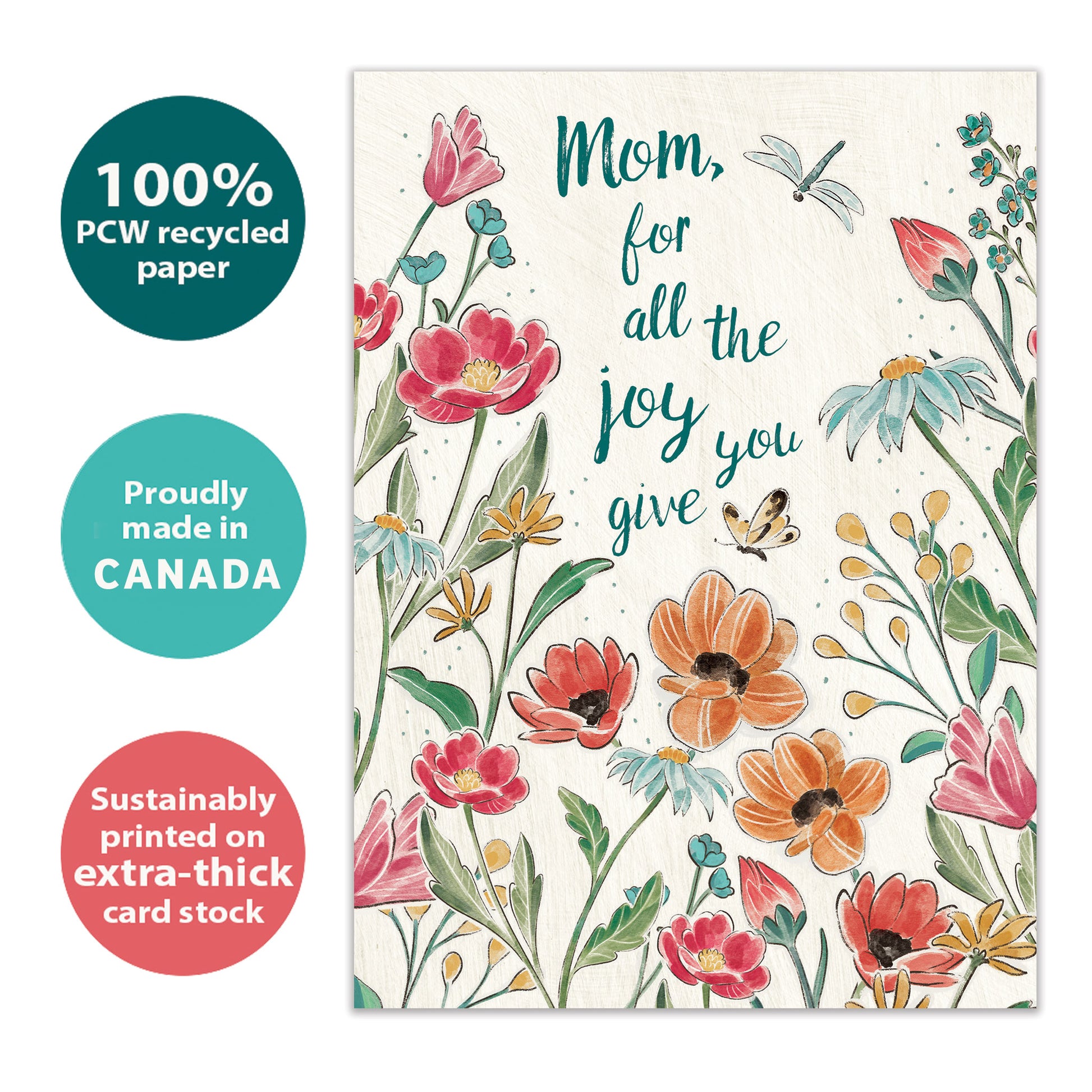 Front view of a Birthday greeting card with colourful floral design with a message for mom, highlighting its eco-friendly materials and made in Canada