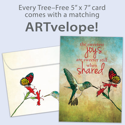 Front view of a Birthday greeting card featuring a flower, humming bird and butterfly and sweet message, with matching envelope artwork