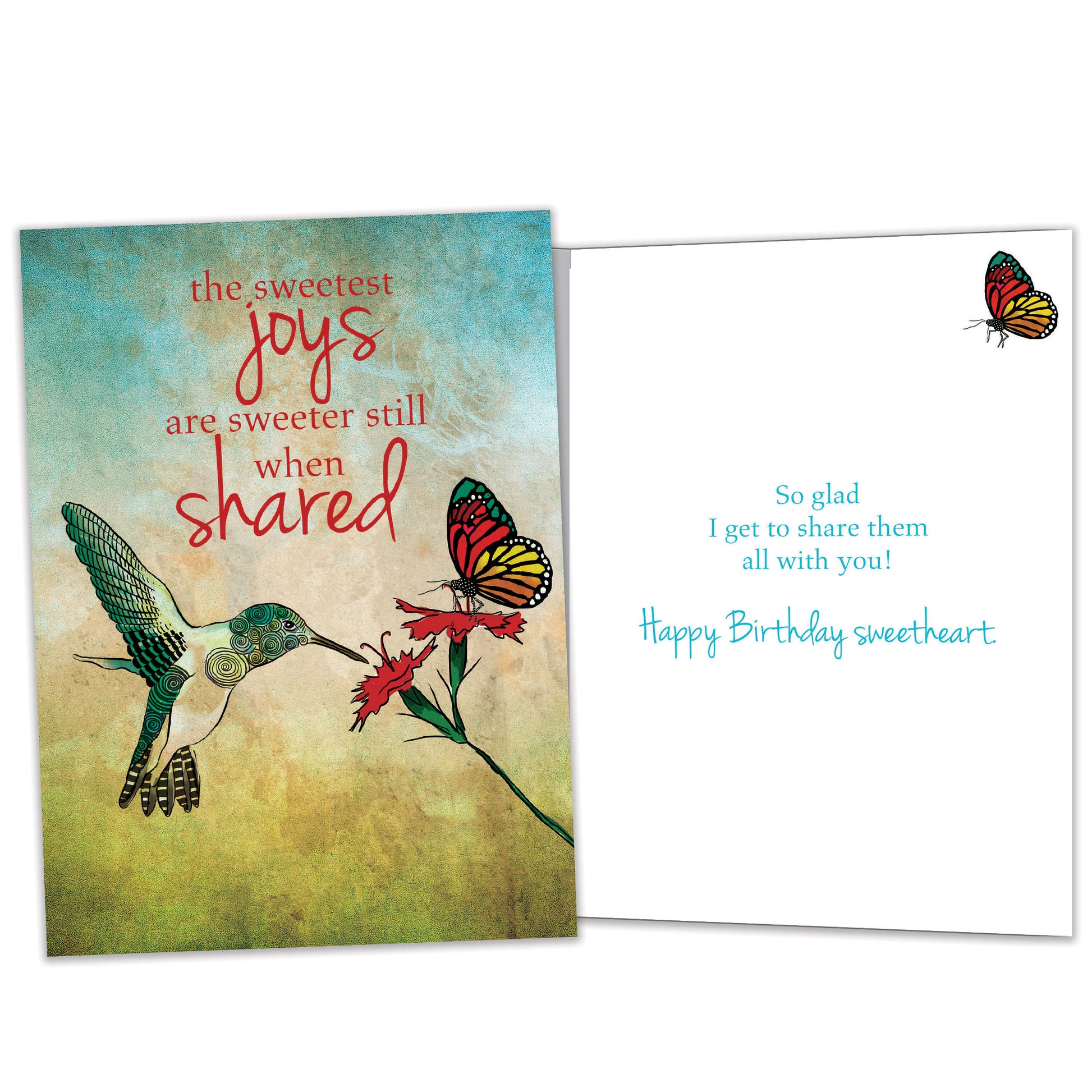 Front and inside view of a Birthday greeting card featuring a flower, humming bird and butterfly and sweet message, with matching design details inside