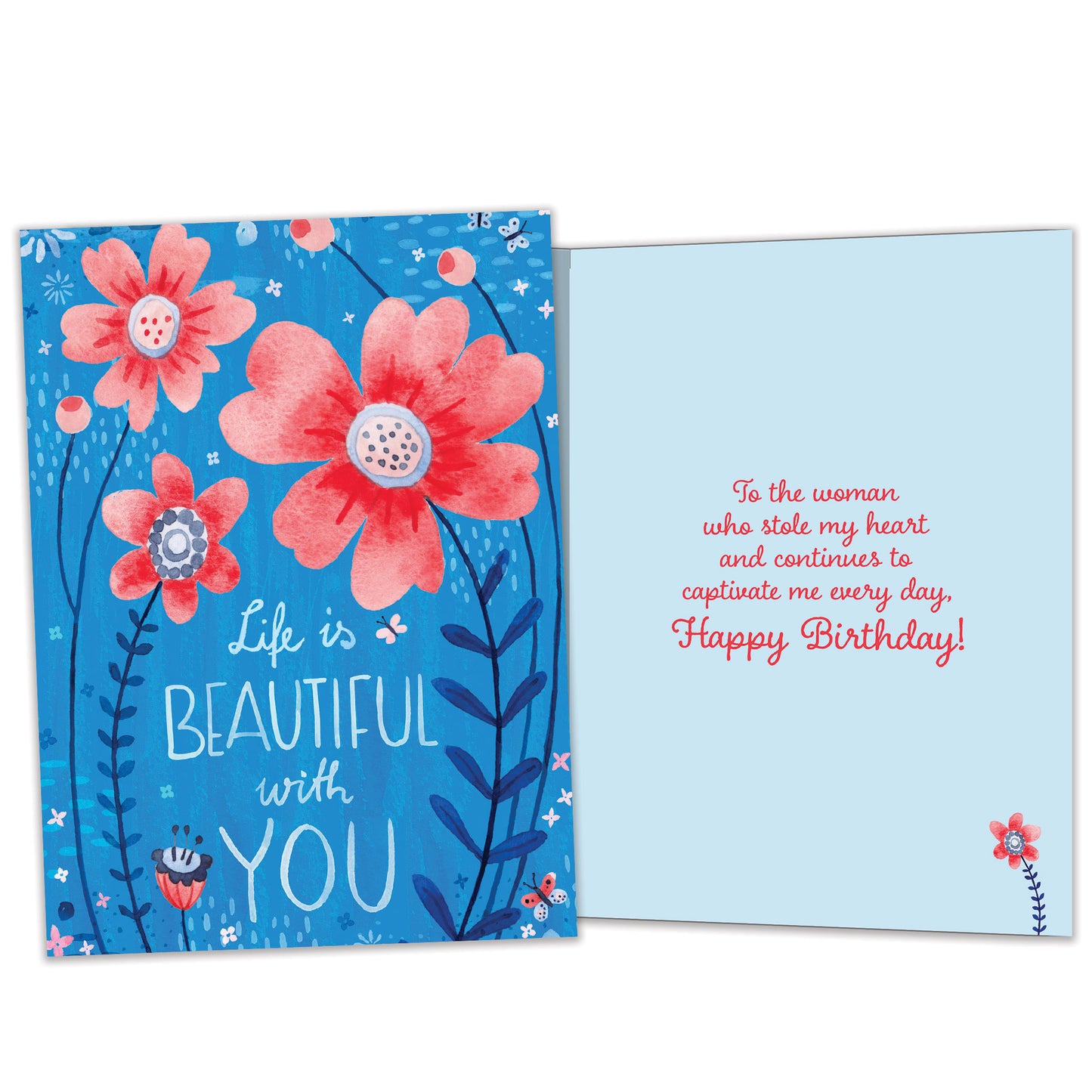 Front and inside view of a Birthday greeting card featuring a beautiful floral design and message, with matching design details inside.