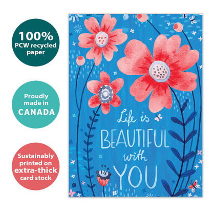 Front view of a Birthday greeting card with a beautiful floral design and, highlighting its eco-friendly materials and made in Canada