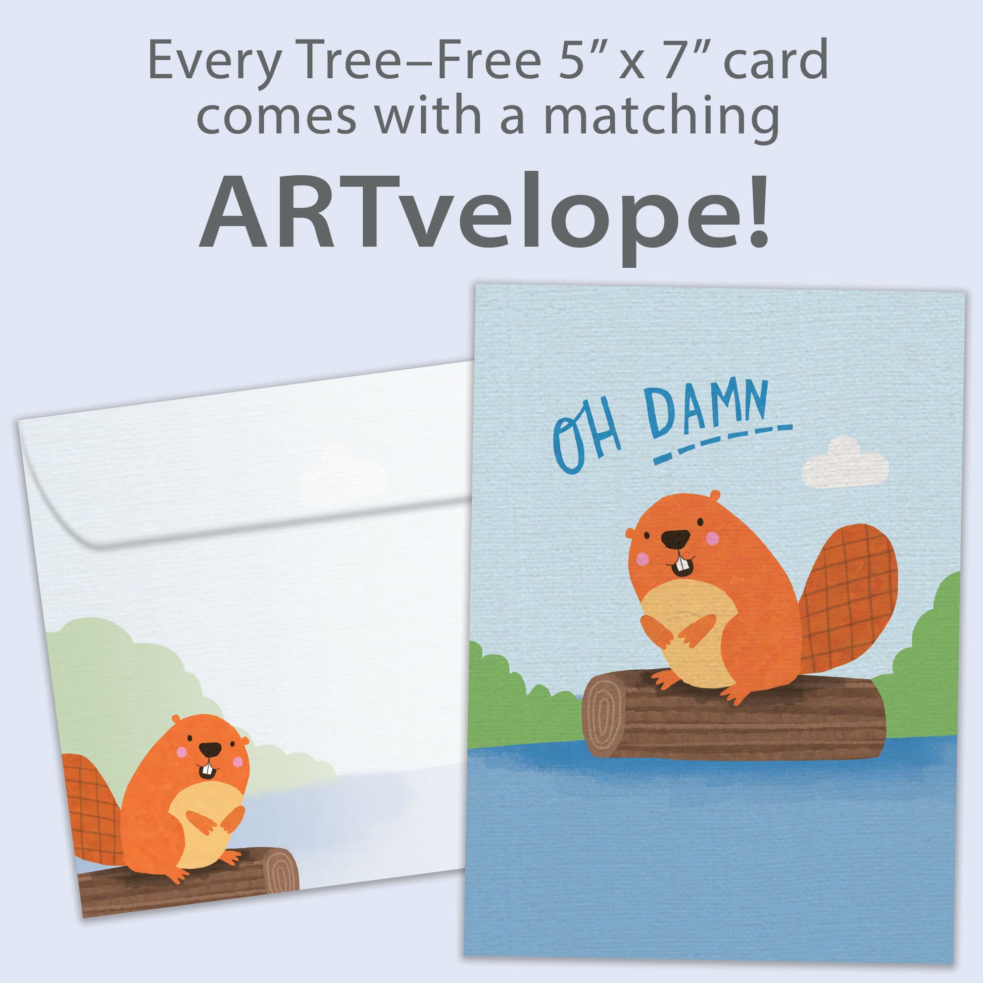 Front view of a Birthday greeting card featuring a beaver floating on a log with the message "oh damn", with matching envelope artwork.