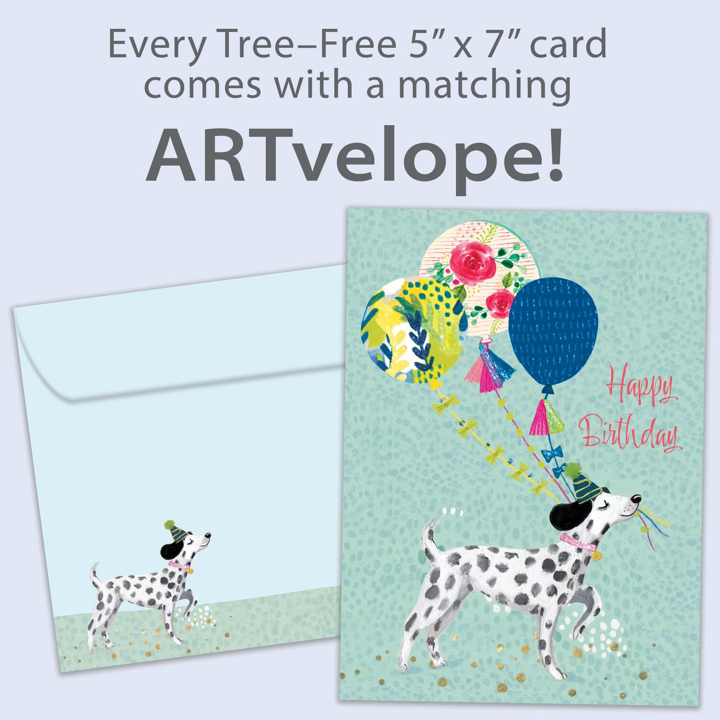 Front view of a Birthday greeting card featuring a happy dog carrying balloons and the message "Happy Birthday", with matching envelope artwork.