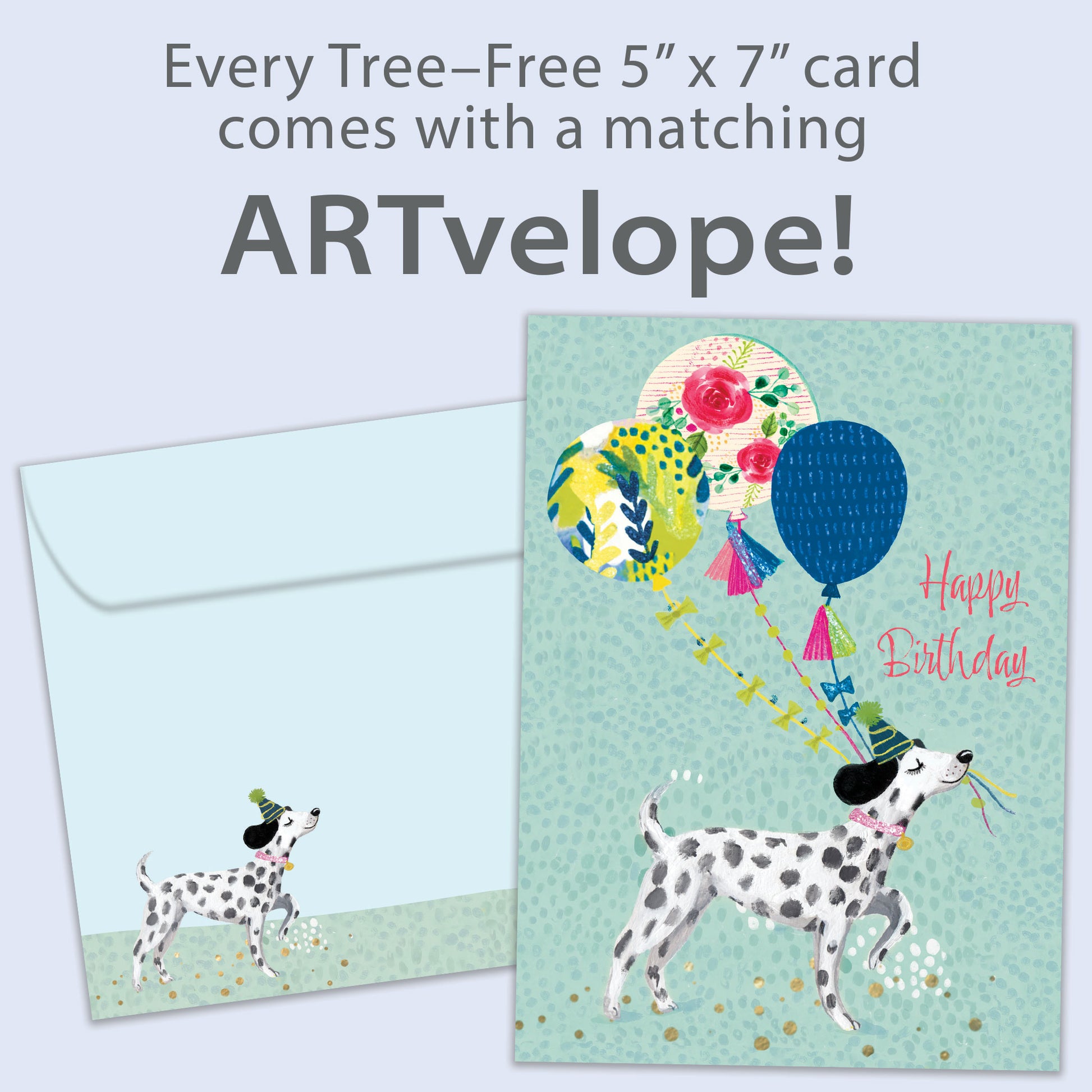 Front view of a Birthday greeting card featuring a happy dog carrying balloons and the message "Happy Birthday", with matching envelope artwork.