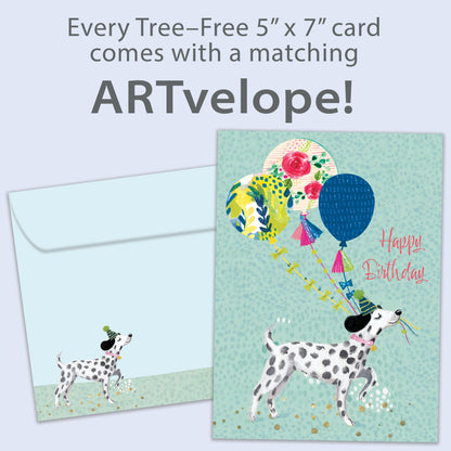 Front view of a Birthday greeting card featuring a happy dog carrying balloons and the message "Happy Birthday", with matching envelope artwork.