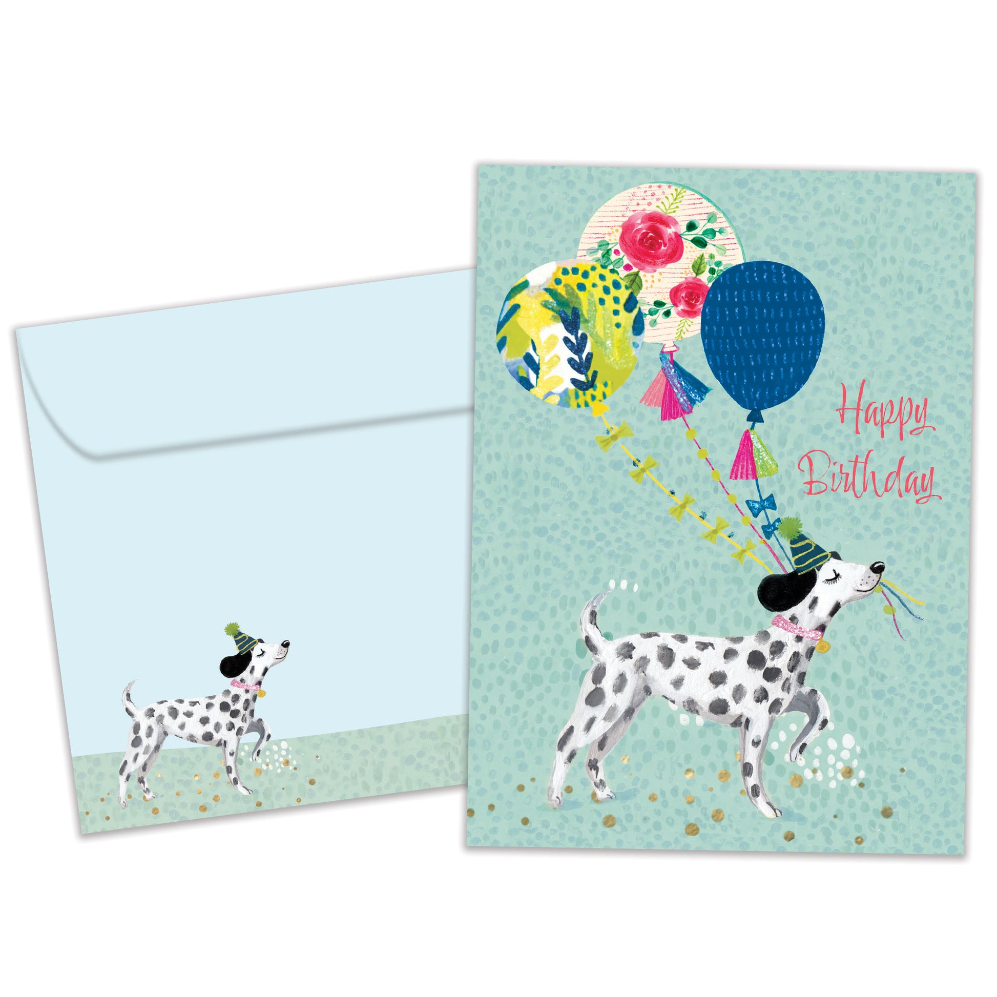 Front view of a Birthday greeting card featuring a happy dog carrying balloons and the message "Happy Birthday", with a matching envelope. 