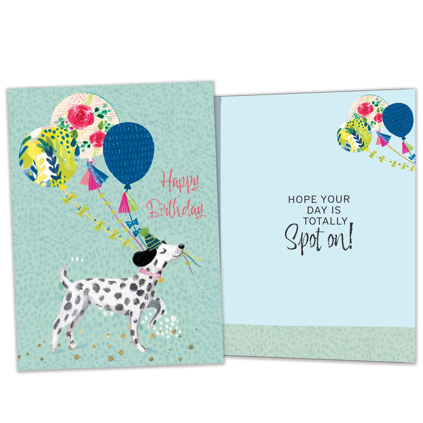 Front and inside view of a Birthday greeting card featuring a happy dog carrying balloons, with matching design details inside.