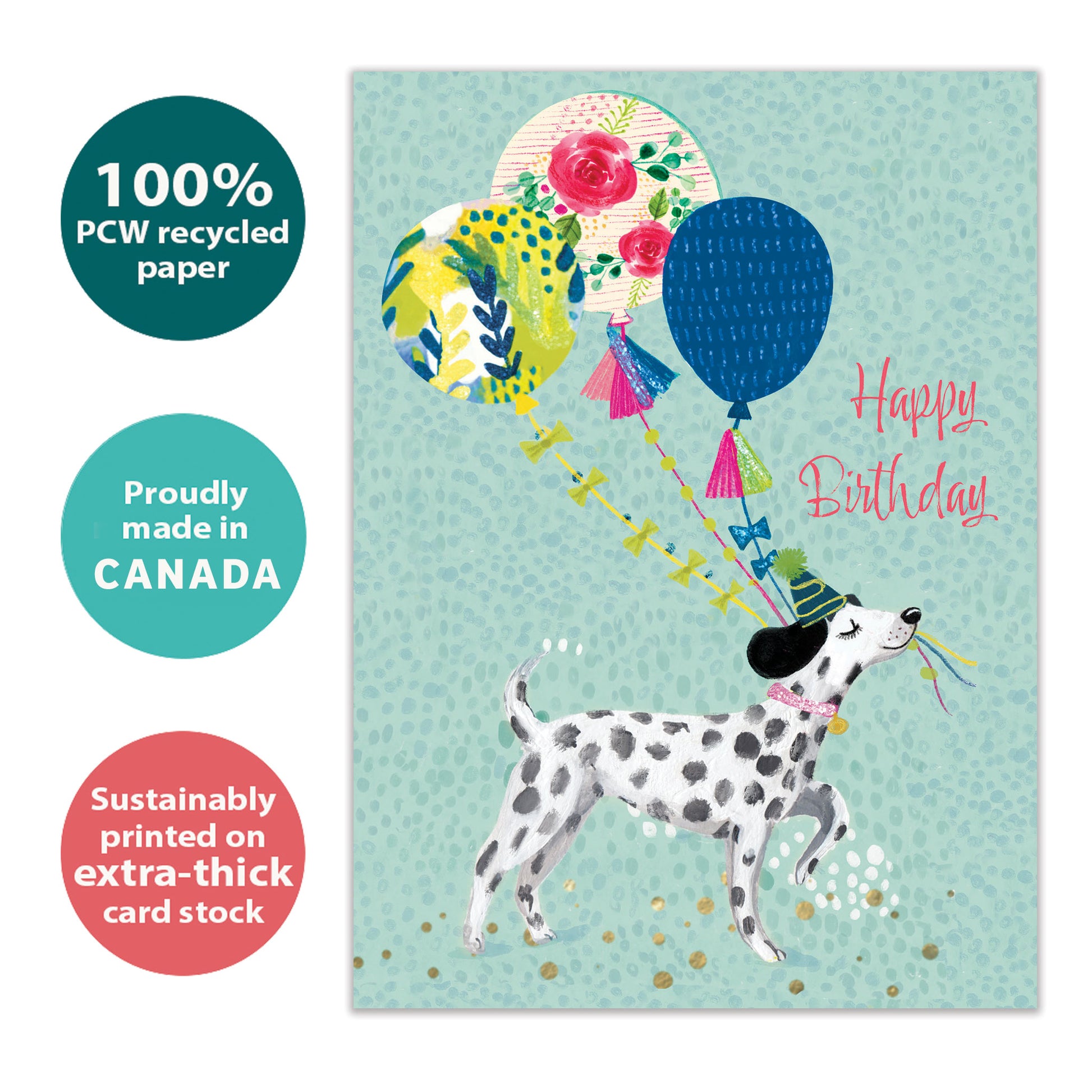Front view of a Birthday greeting card with a happy dog carrying balloons, highlighting its eco-friendly materials and made in Canada