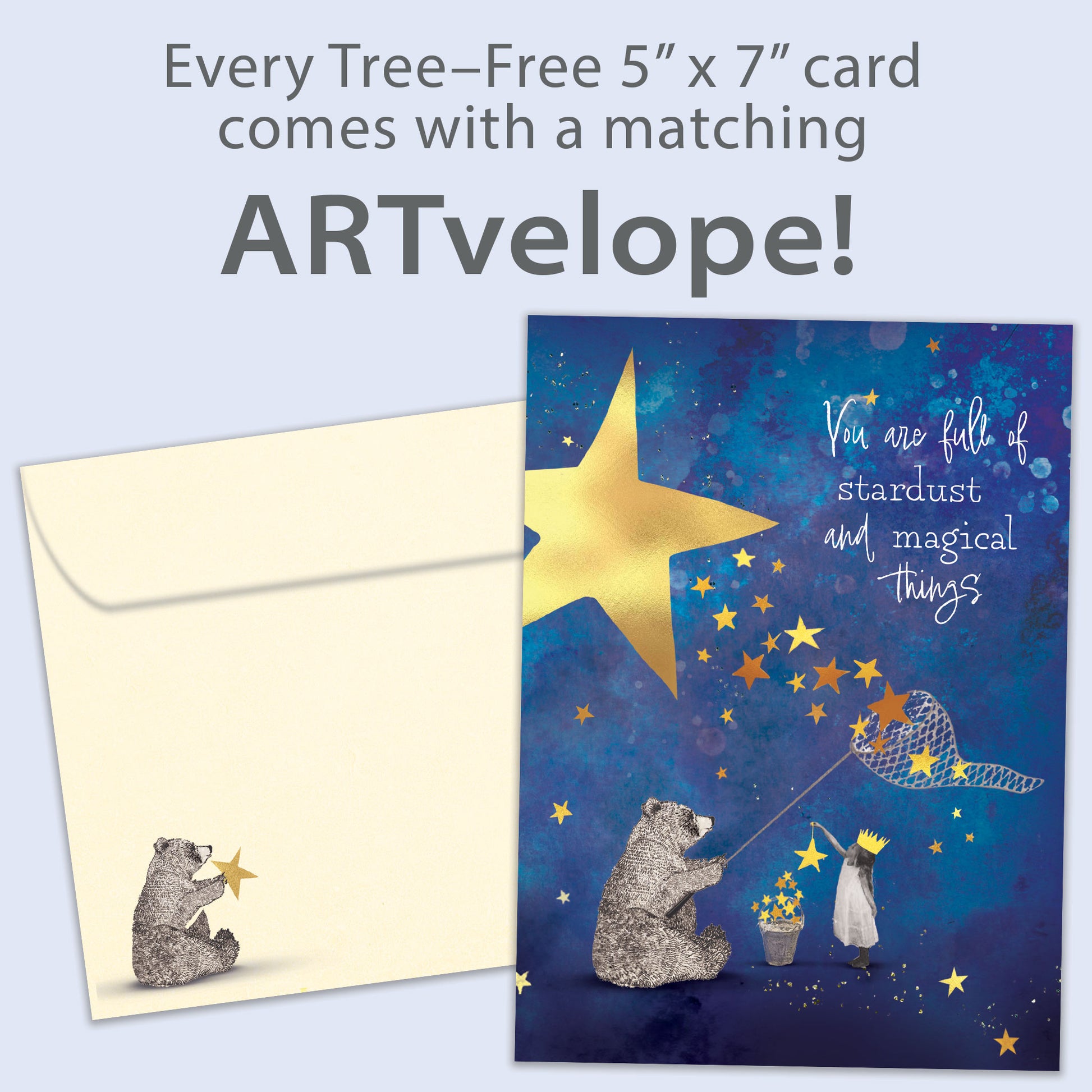 Front view of a Birthday greeting card featuring a bear catching stars and a sweet message, with matching envelope artwork.