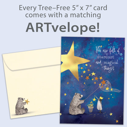 Front view of a Birthday greeting card featuring a bear catching stars and a sweet message, with matching envelope artwork.