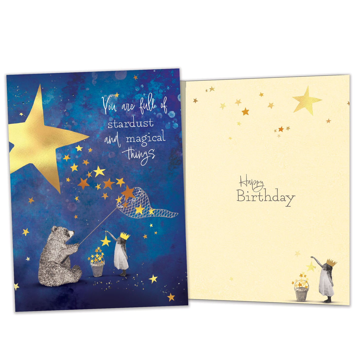 Front and inside view of a Birthday greeting card featuring a bear catching stars and a sweet message, with matching design details inside.