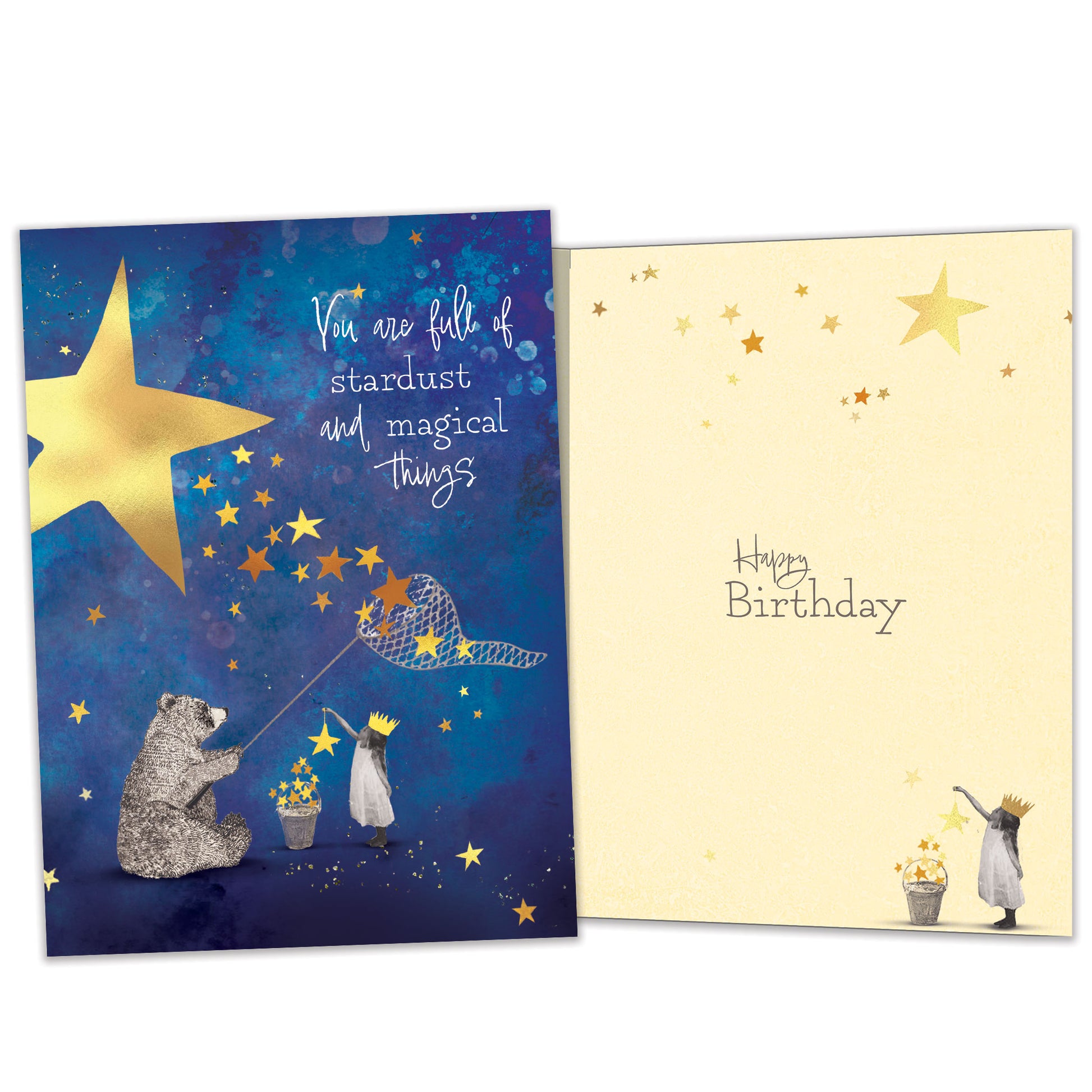 Front and inside view of a Birthday greeting card featuring a bear catching stars and a sweet message, with matching design details inside.