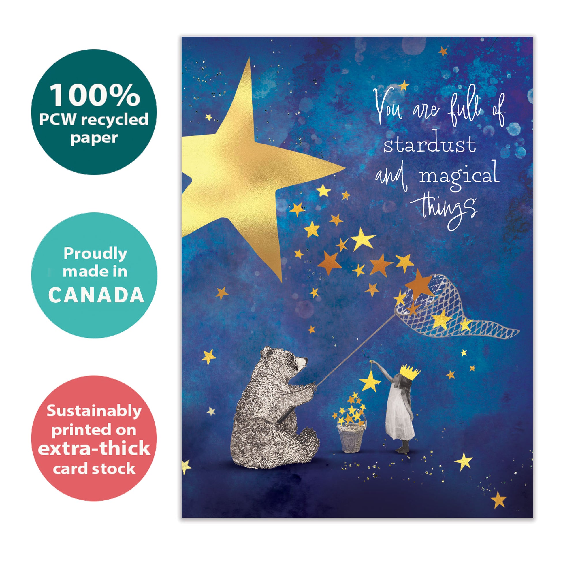 Front view of a Birthday greeting card with a bear catching stars with a sweet message, highlighting its eco-friendly materials and made in Canada
