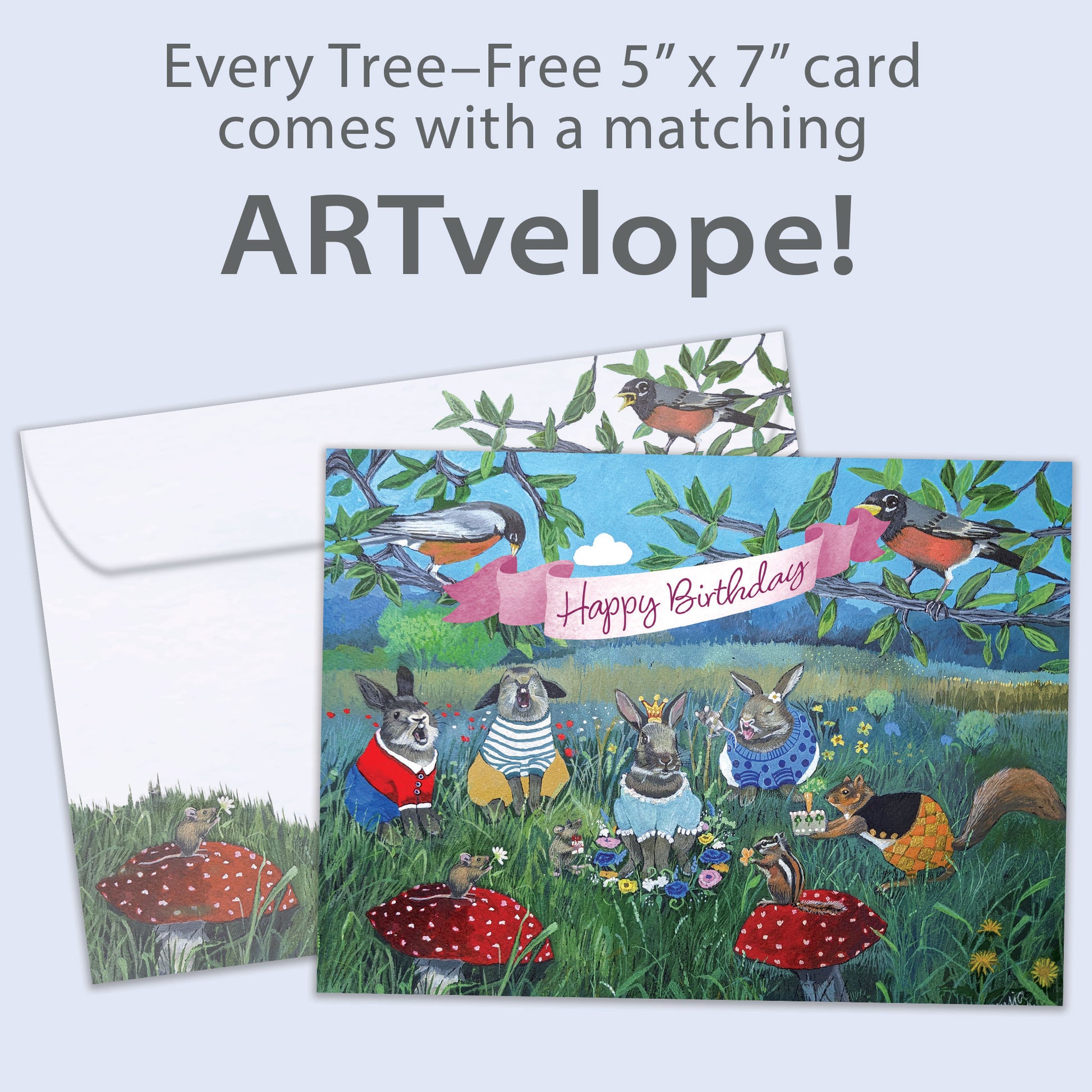 Front view of a Birthday greeting card featuring animals celebrating a birthday, with matching envelope artwork.