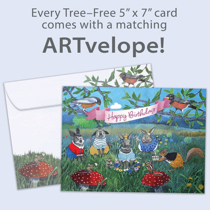Front view of a Birthday greeting card featuring animals celebrating a birthday, with matching envelope artwork.