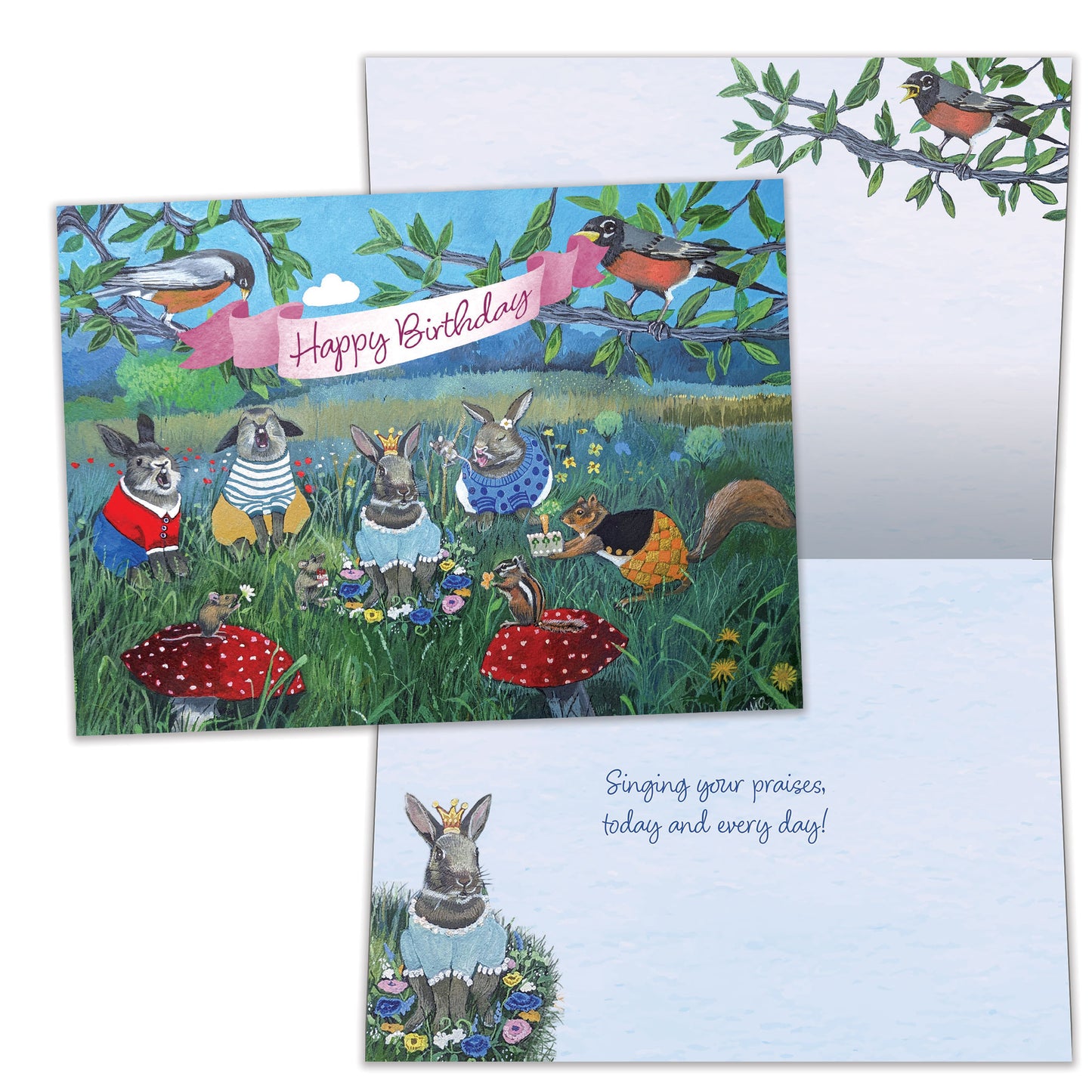 Front and inside view of a Birthday greeting card featuring animals celebrating a birthday, with matching design details inside.