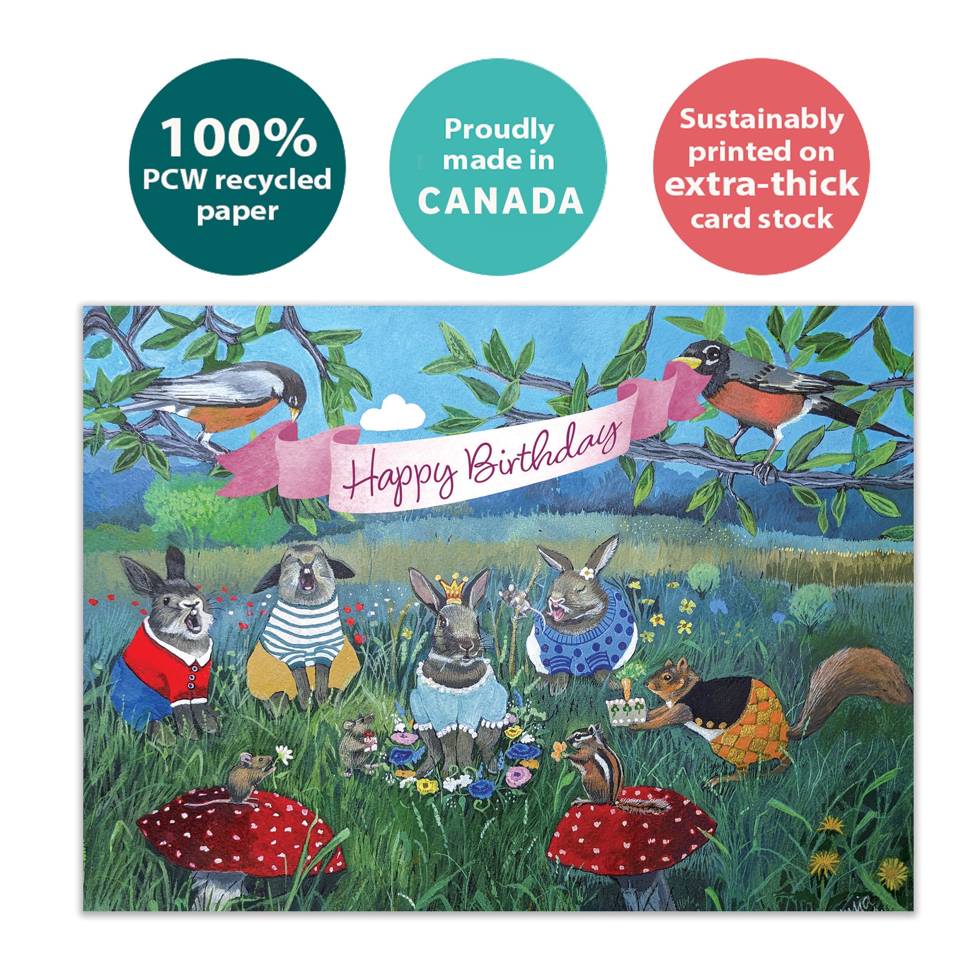 Front view of a Birthday greeting card featuring animals celebrating a birthday, highlighting its eco-friendly materials and made in Canada.