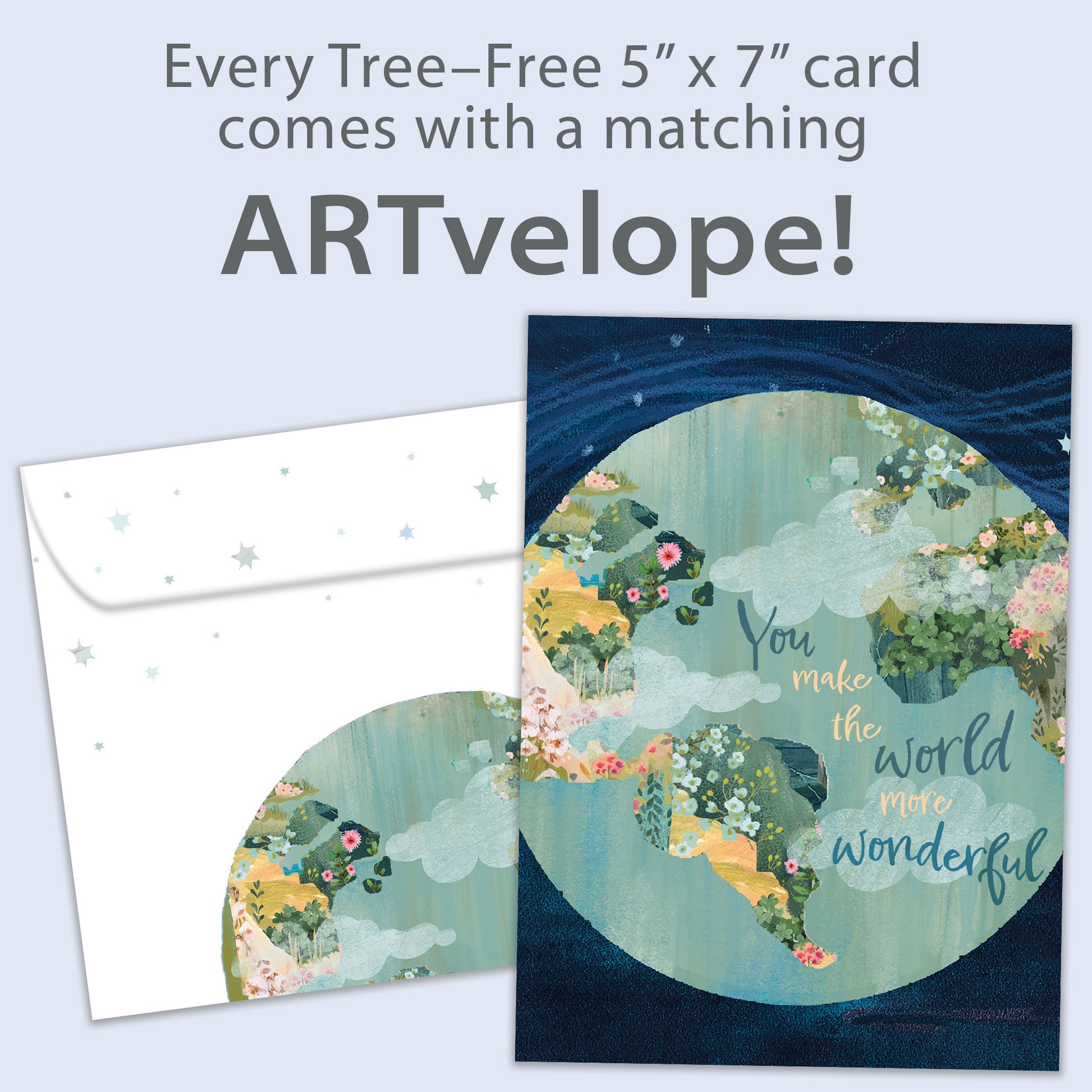 Front view of a Birthday greeting card featuring a colourful globe with a complimentary message, with matching envelope artwork