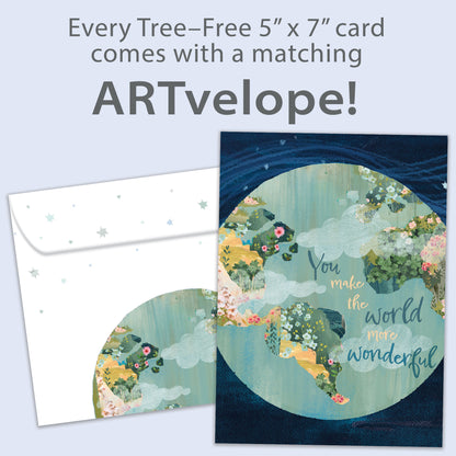 Front view of a Birthday greeting card featuring a colourful globe with a complimentary message, with matching envelope artwork