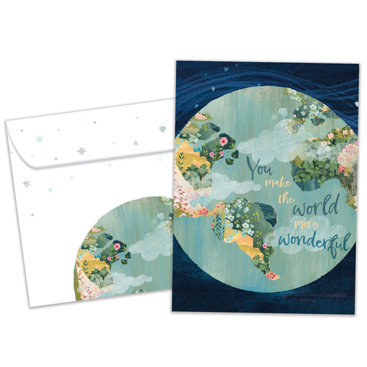 Front view of a Birthday greeting card featuring a colourful globe with a complimentary message, with a matching envelope