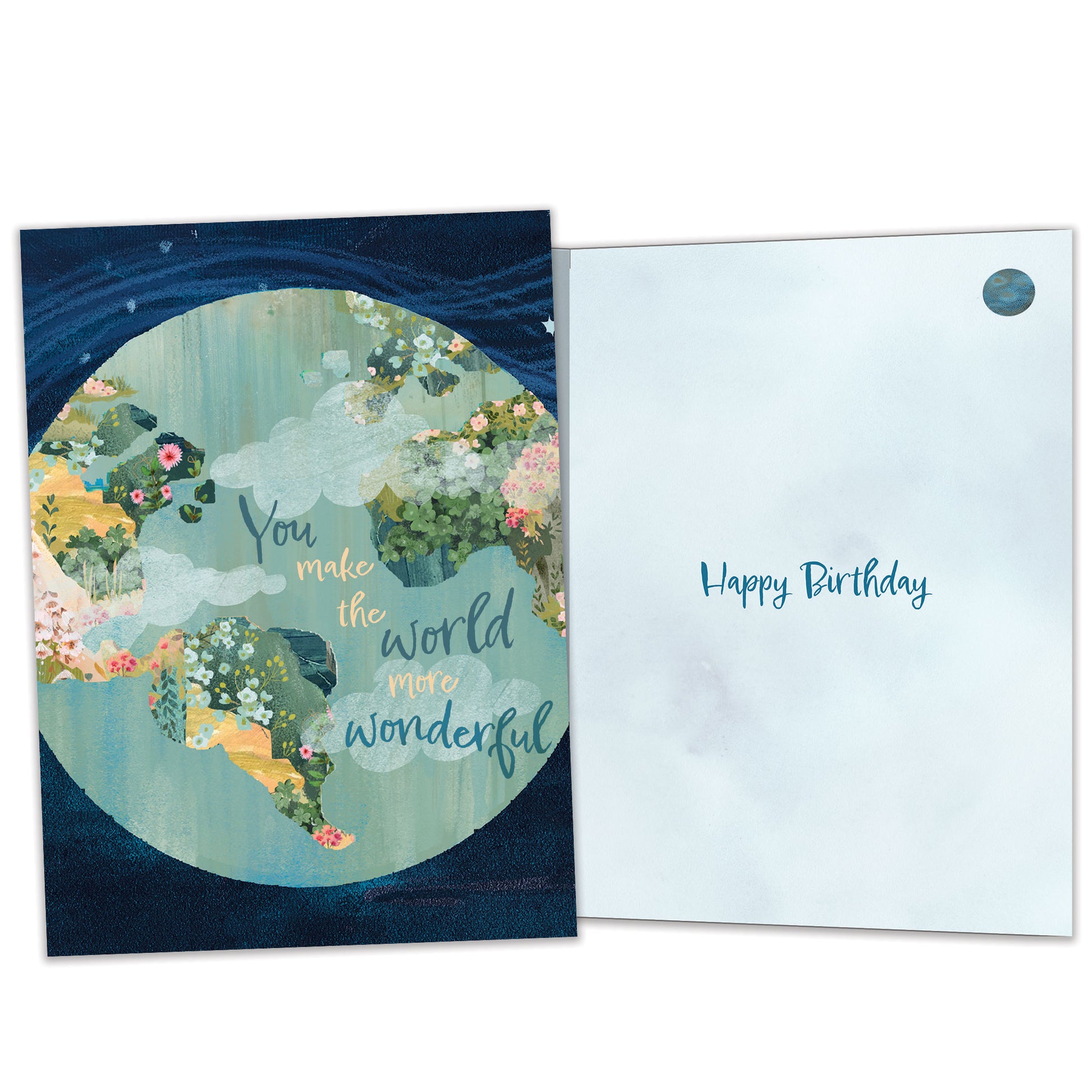 Front and inside view of a Birthday greeting card featuring a colourful globe with a complimentary message, with matching design details inside.
