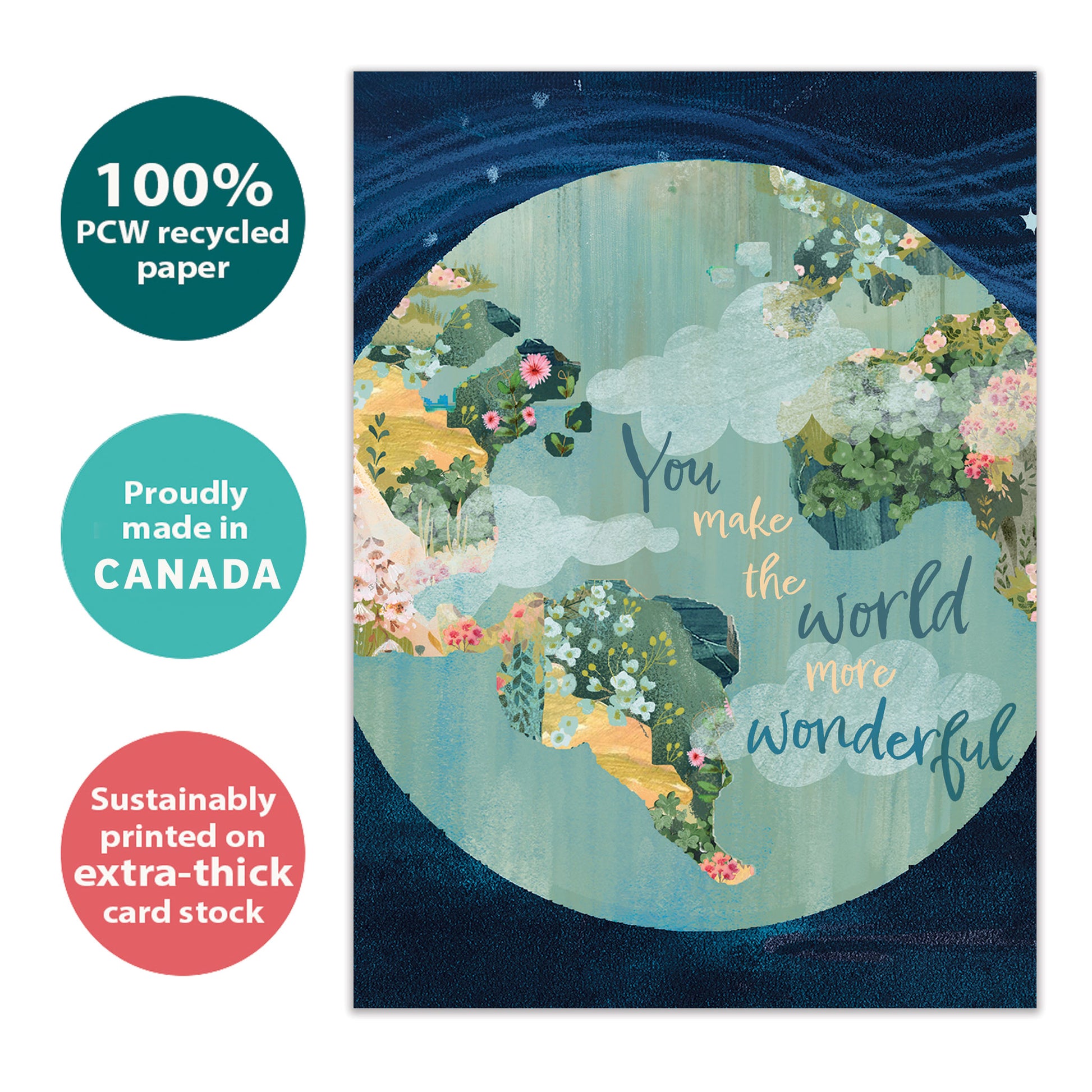 Front view of a Birthday greeting card with a colourful globe with a complimentary message, highlighting its eco-friendly materials and made in Canada