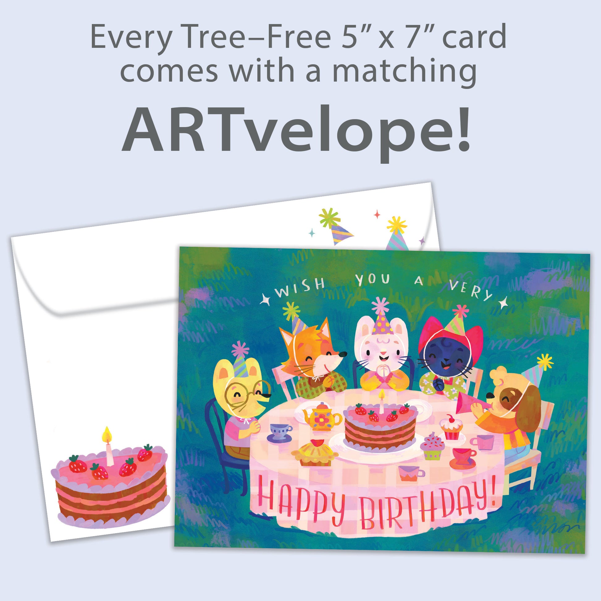 Front view of a Birthday greeting card featuring an illustration of animals sitting around a birthday cake, with matching envelope artwork