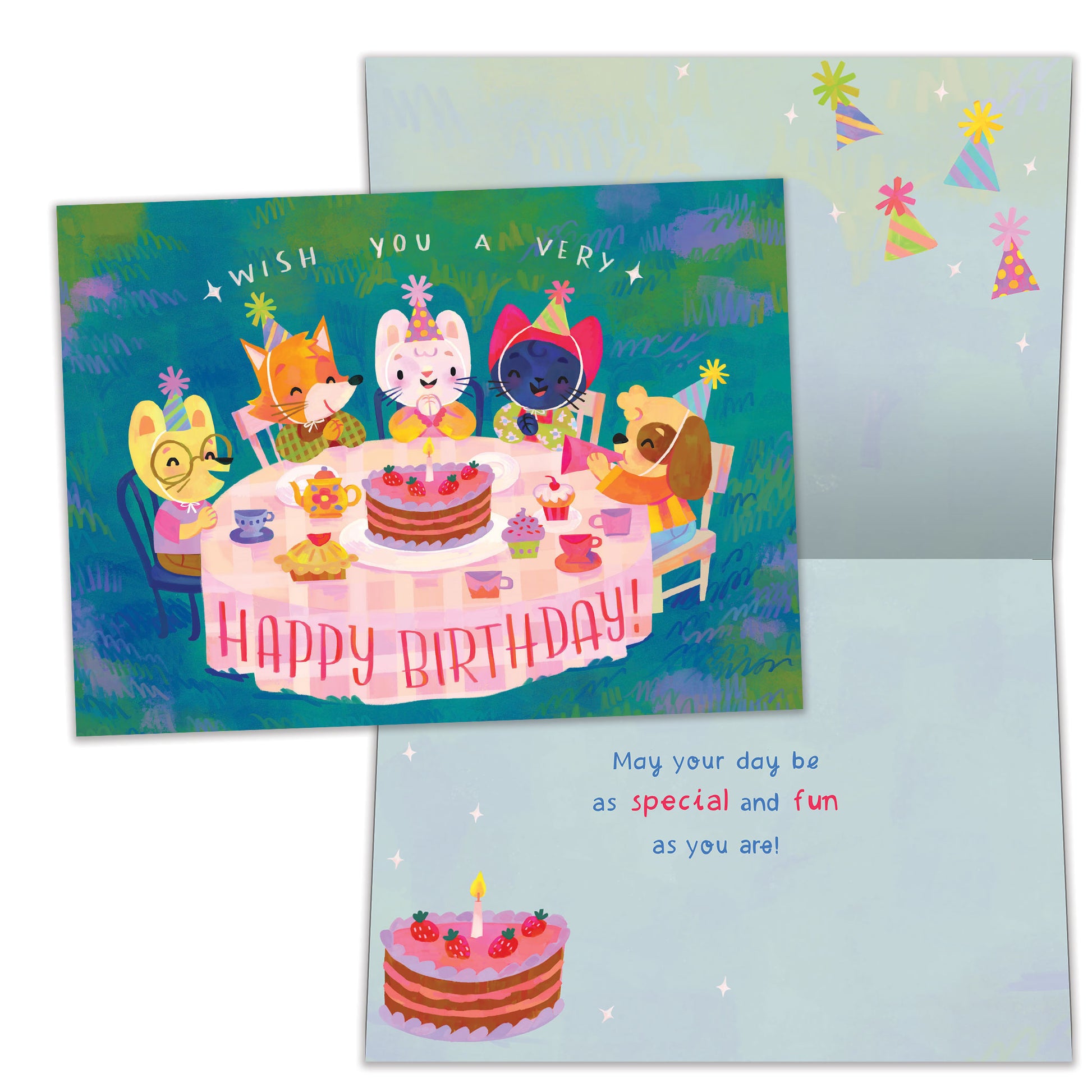 Front and inside view of a Birthday greeting card with an illustration of animals and a birthday cake, with matching design details inside.