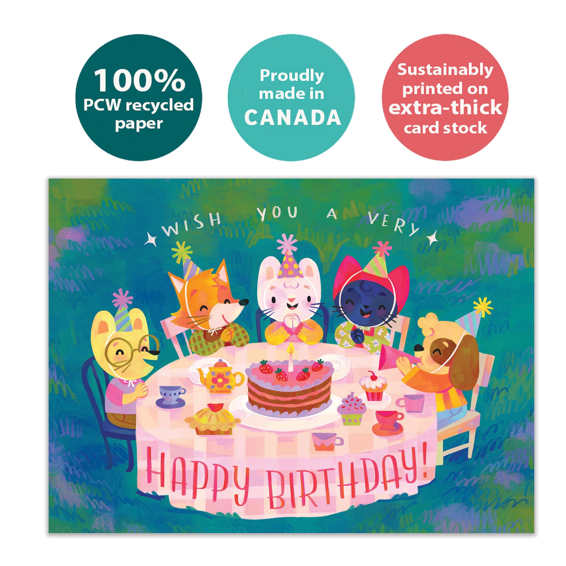 Front view of a Birthday greeting card with an illustration of animals and a birthday cake, highlighting its eco-friendly materials and made in Canada
