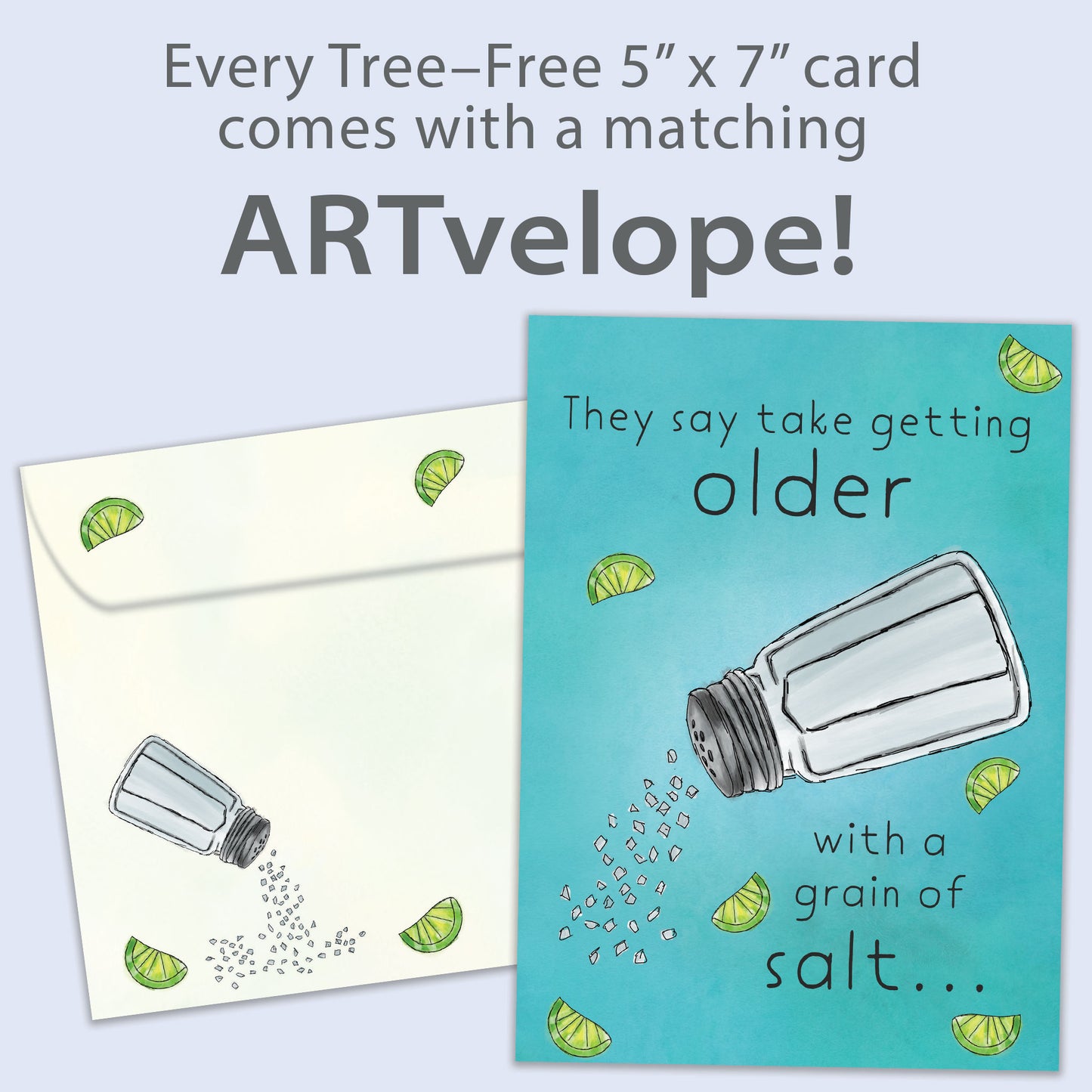 Front view of a Birthday greeting card featuring a salt shaker and a message about getting older, with matching envelope artwork