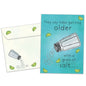 Front view of a Birthday greeting card featuring a salt shaker and a message about getting older, with a matching envelope